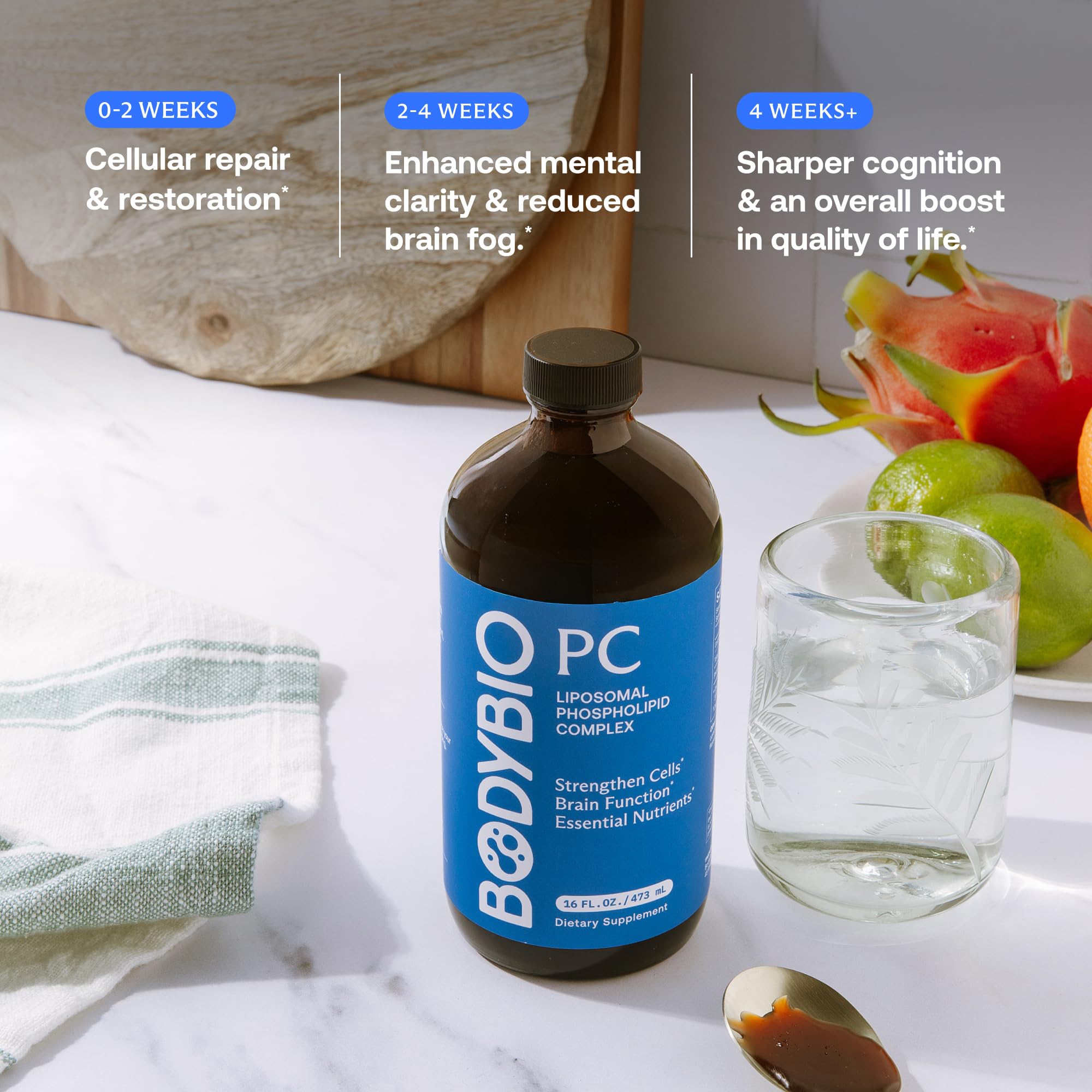BodyBio PC etiqueta con información nutricional, evidencia transparencia y control