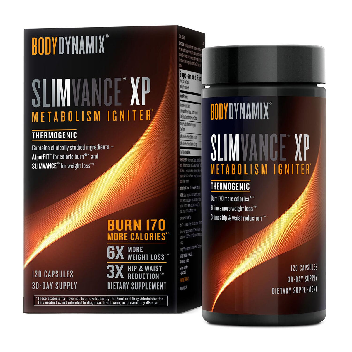 BodyDynamix frasco Slimvance XP al frente mostrando el envase y beneficios