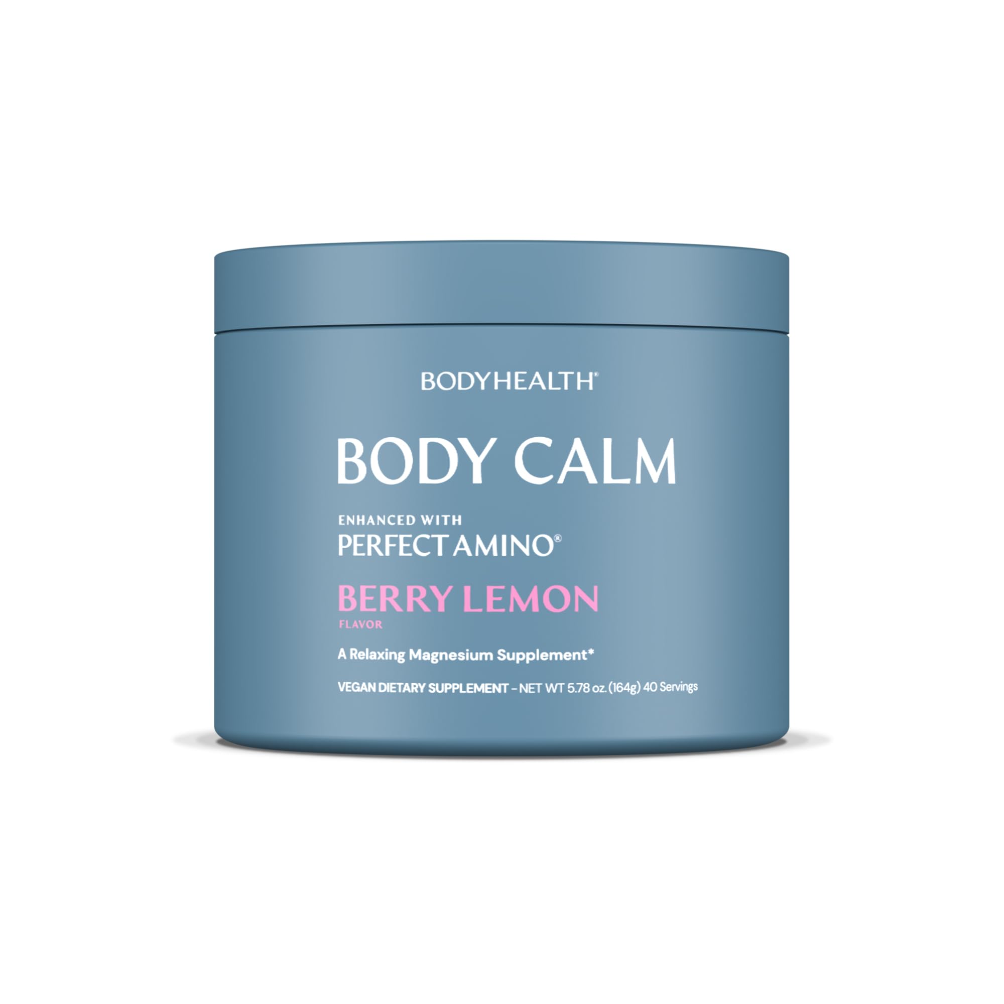 BodyHealth envase Body Calm frente mostrando diseño y sabor berry-limón, beneficio claridad informativa