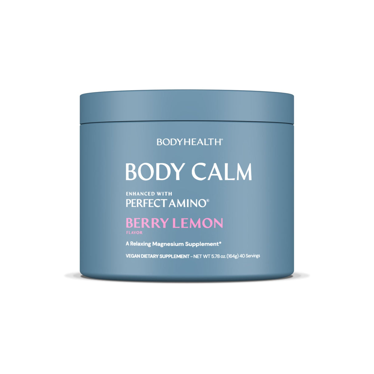 BodyHealth envase Body Calm frente mostrando diseño y sabor berry-limón, beneficio claridad informativa