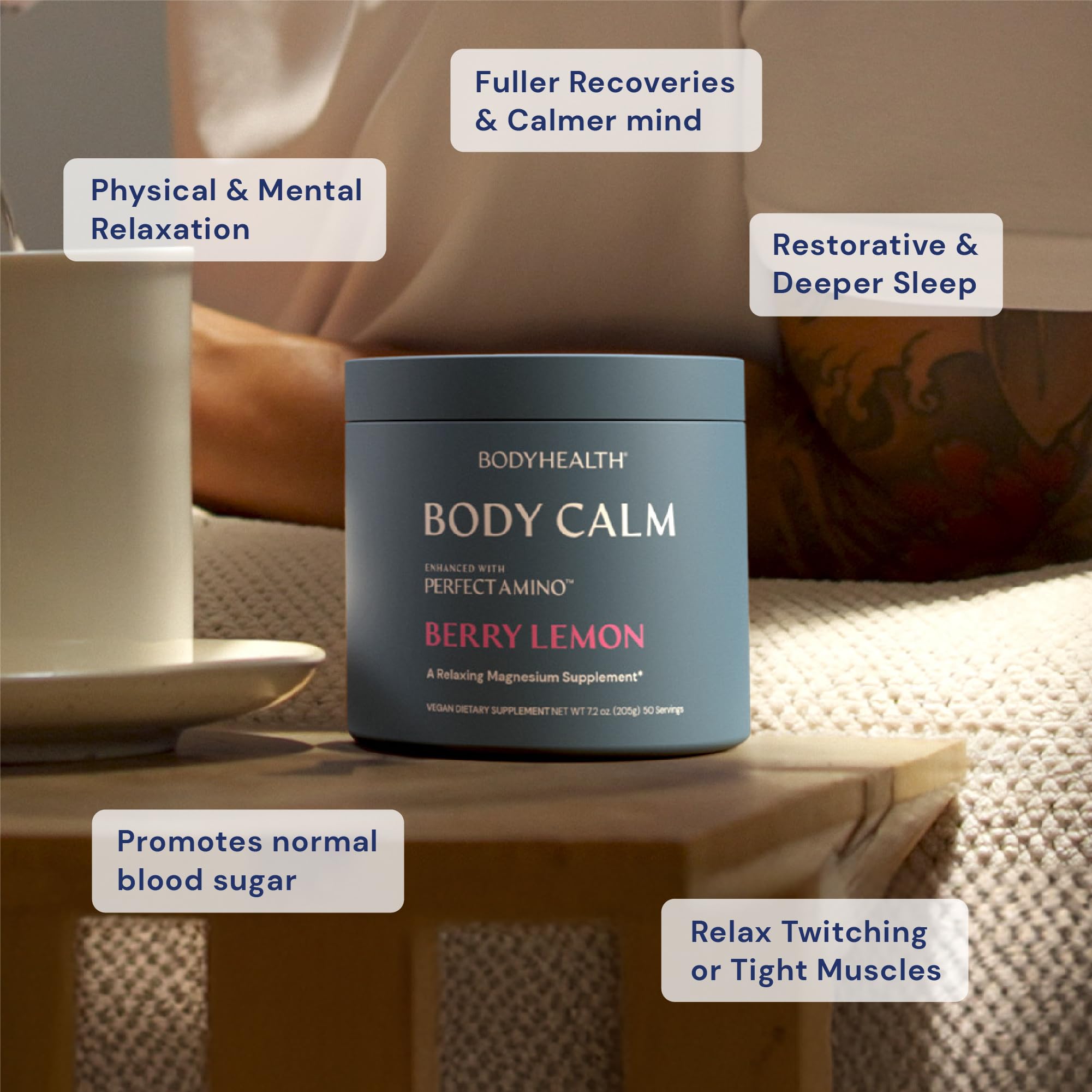 BodyHealth vaso con Body Calm disuelto, ilustrando mezcla y comodidad de consumo