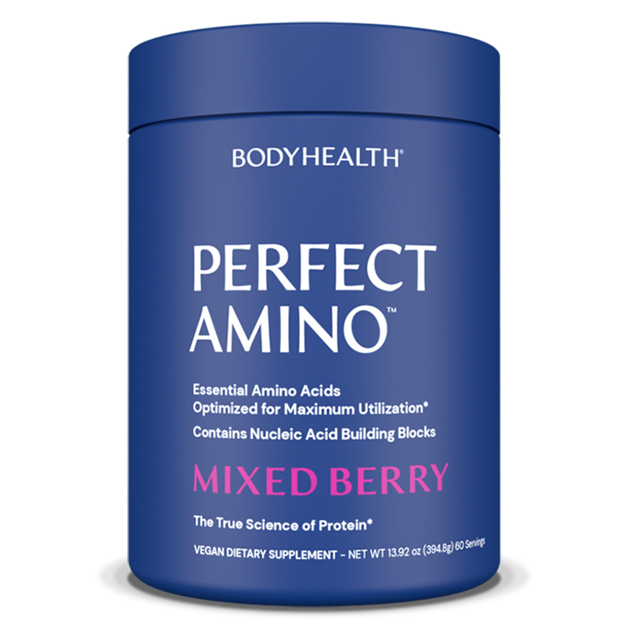 BodyHealth frasco frontal mostrando etiqueta y sabor Mixed Berry, beneficio claridad de uso