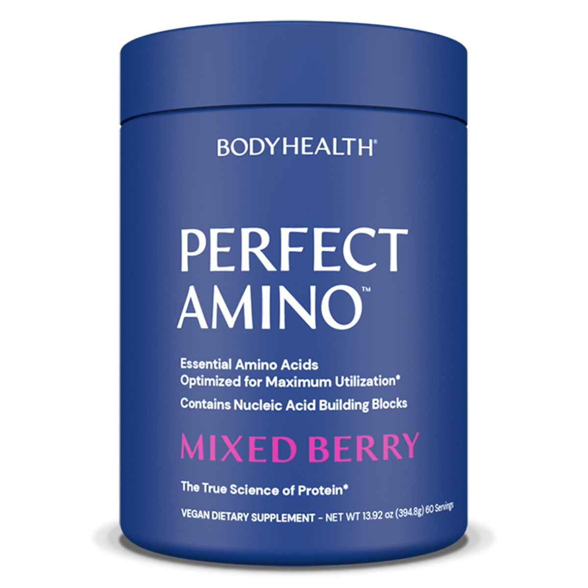 BodyHealth frasco frontal mostrando etiqueta y sabor Mixed Berry, beneficio claridad de uso