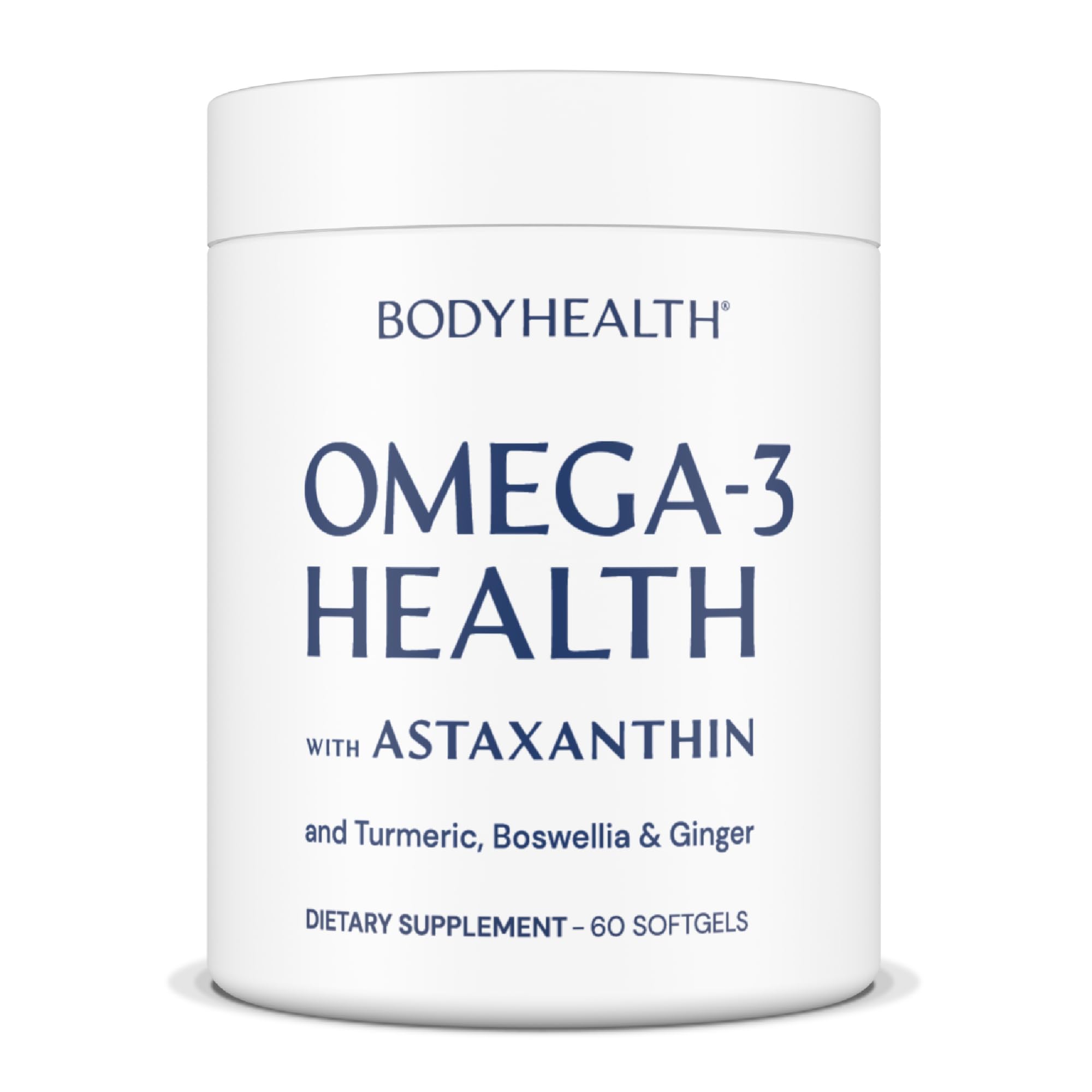 BodyHealth frasco frontal con etiqueta clara mostrando omega 3 y beneficios