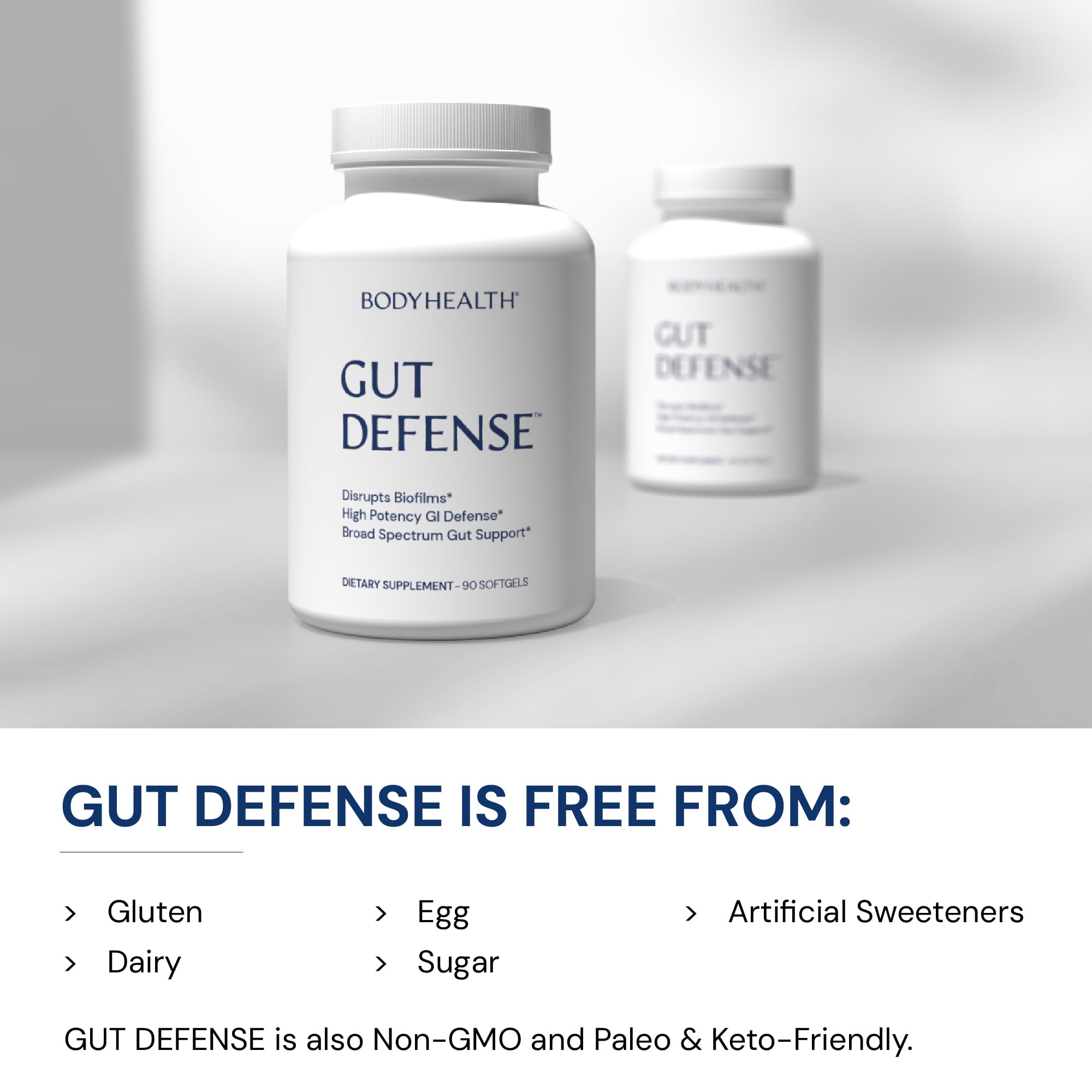 BodyHealth Gut Defense persona tomando cápsula para apoyar digestión y absorción