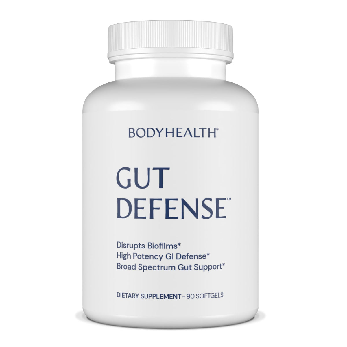 BodyHealth Gut Defense vista frontal del envase mostrando la etiqueta y beneficios
