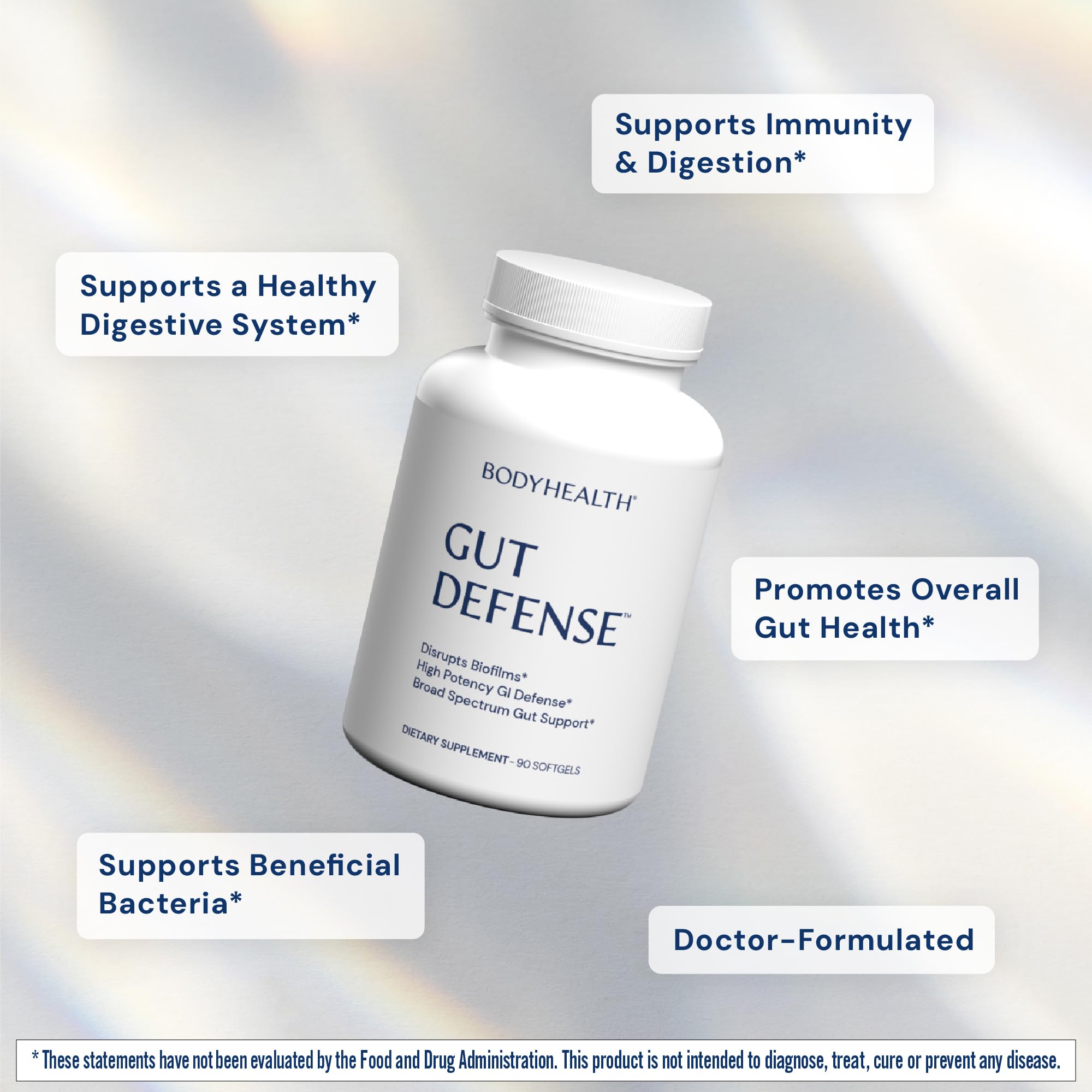 BodyHealth Gut Defense primer plano de cápsula blanda mostrando textura y fácil ingestión
