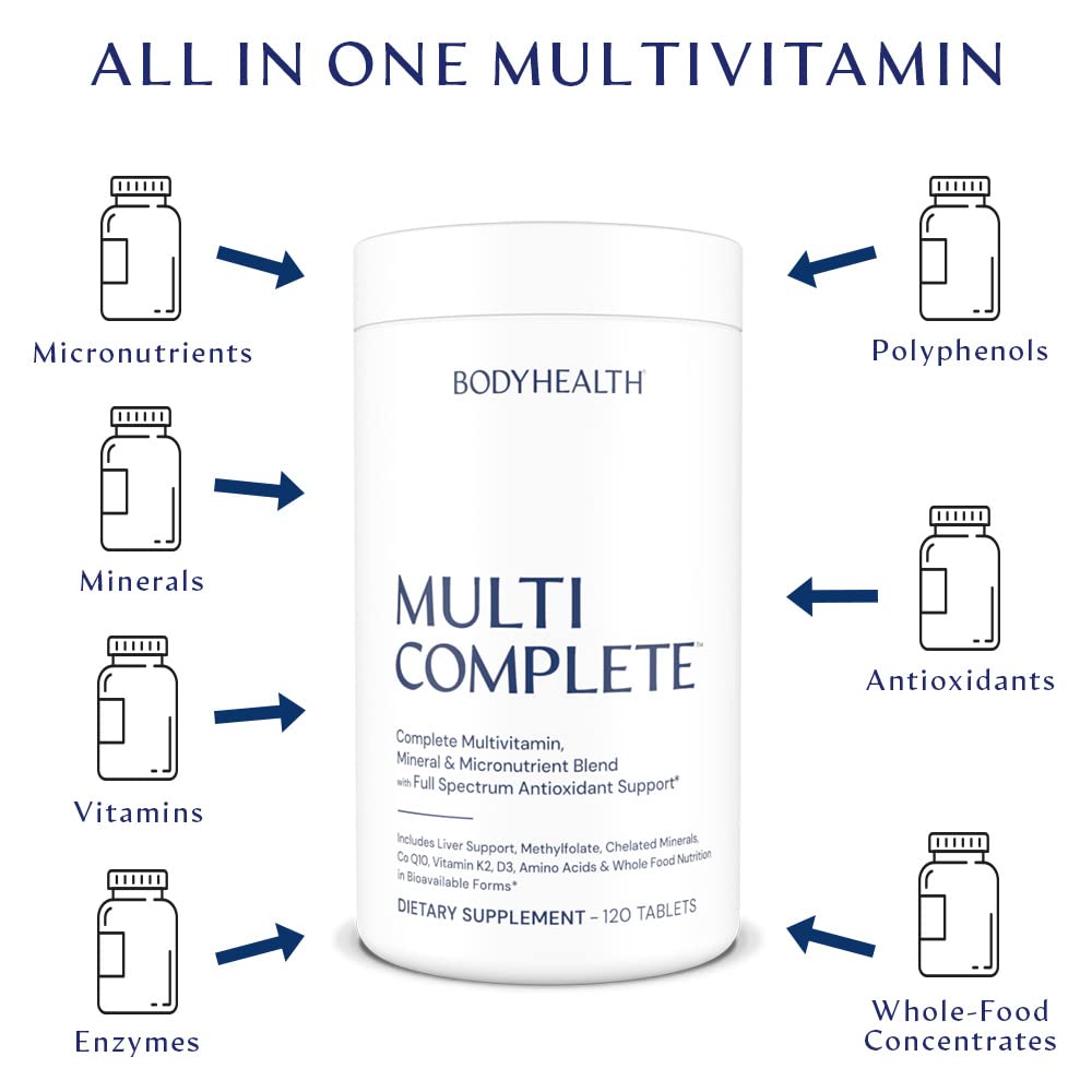 BodyHealth envase señalado junto a frutas y verduras que representa concentrados orgánicos