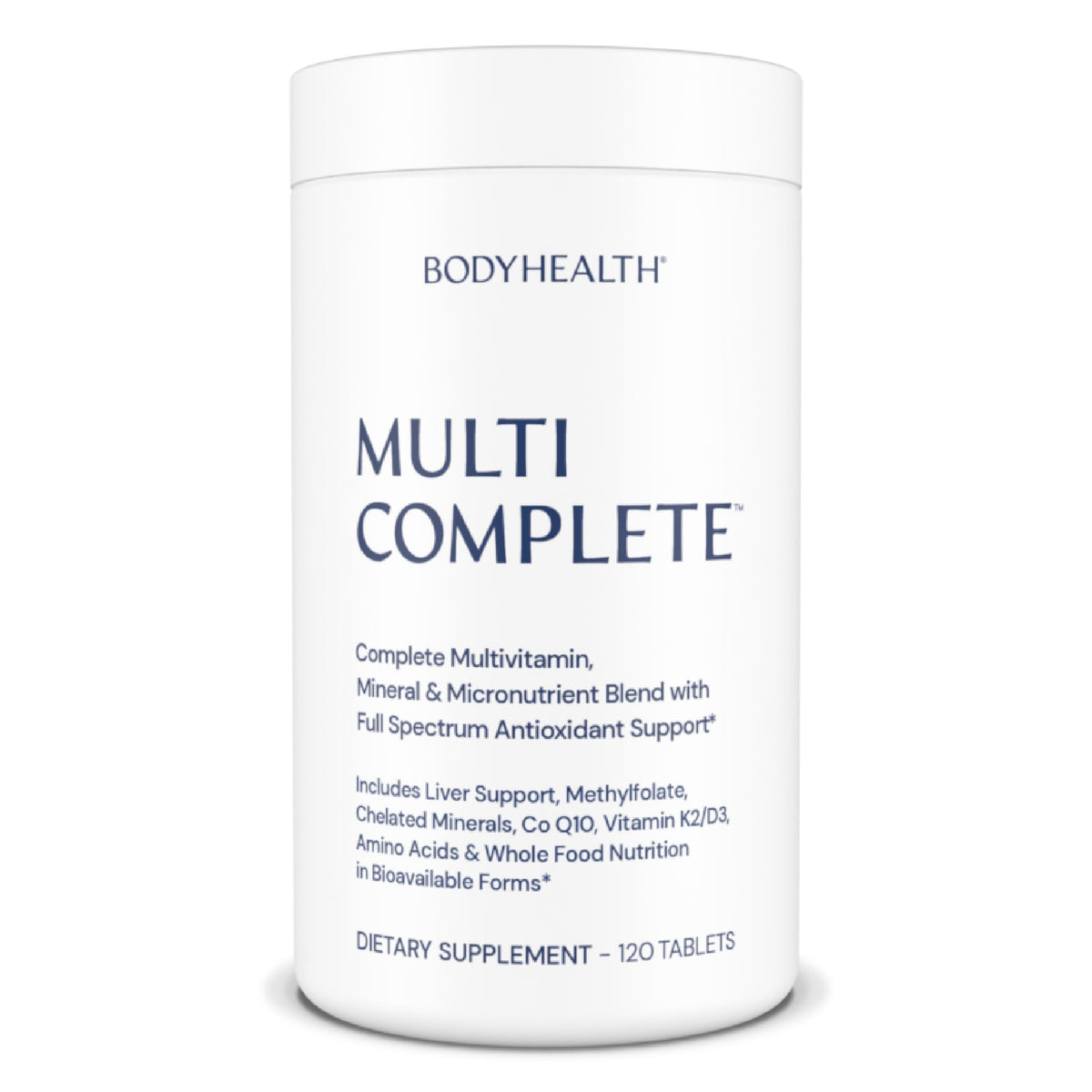 BodyHealth frasco frontal mostrando diseño y cantidad 120 ct, ideal para suministro mensual