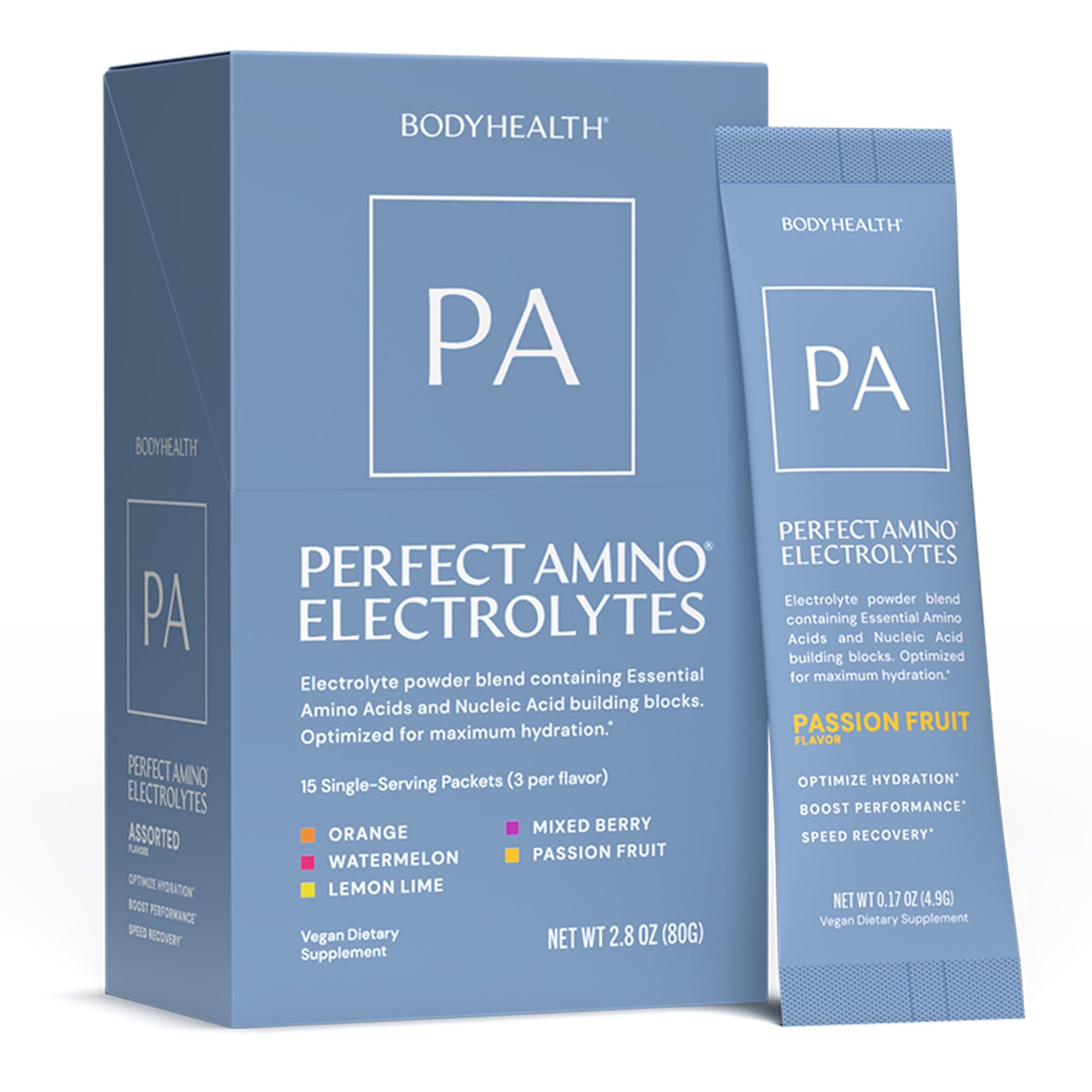 BodyHealth pack variado frontal mostrando sobres y beneficios de hidratación