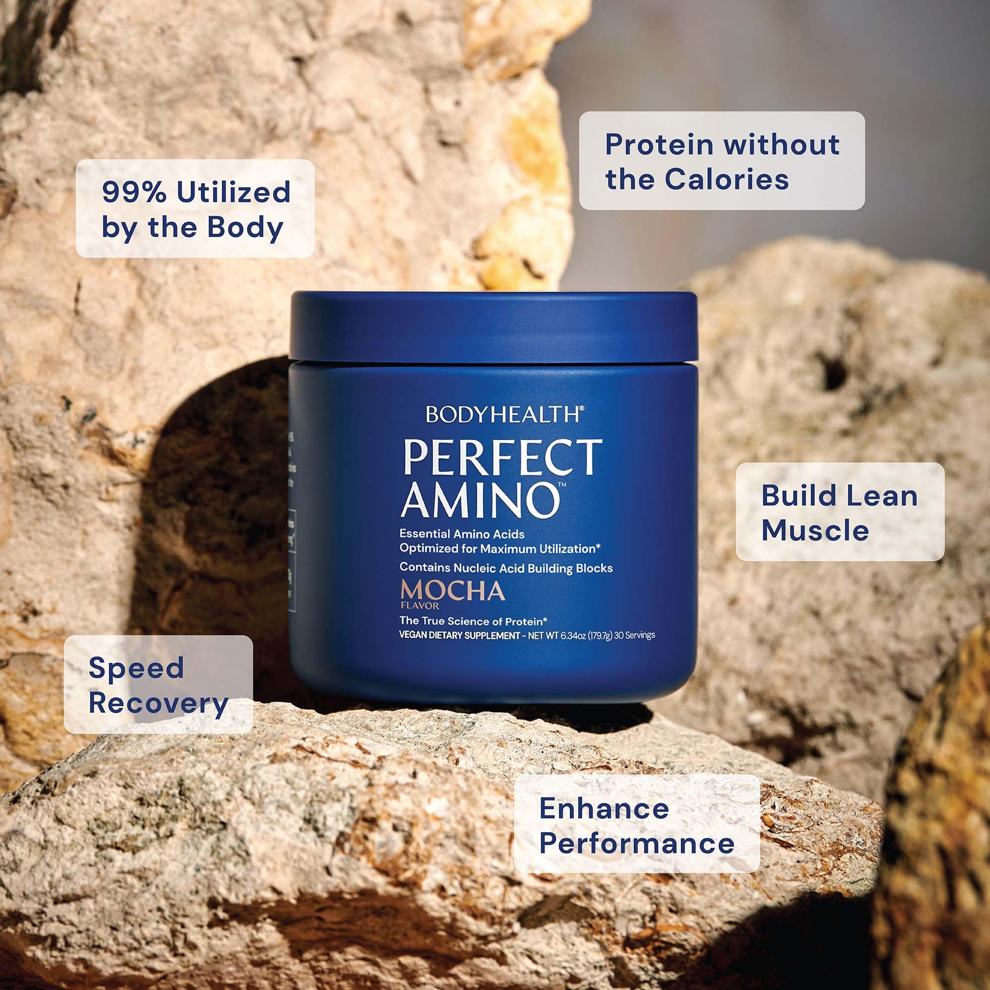 BodyHealth detalle de la etiqueta PerfectAmino con ingredientes y certificación cGMP
