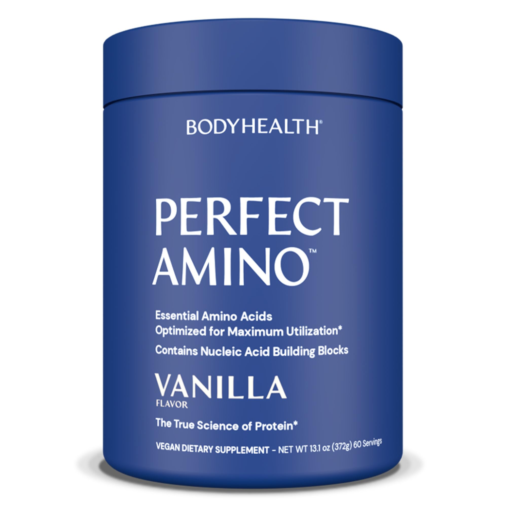 BodyHealth envase frontal de PerfectAmino vainilla mostrando diseño y 60 servicios