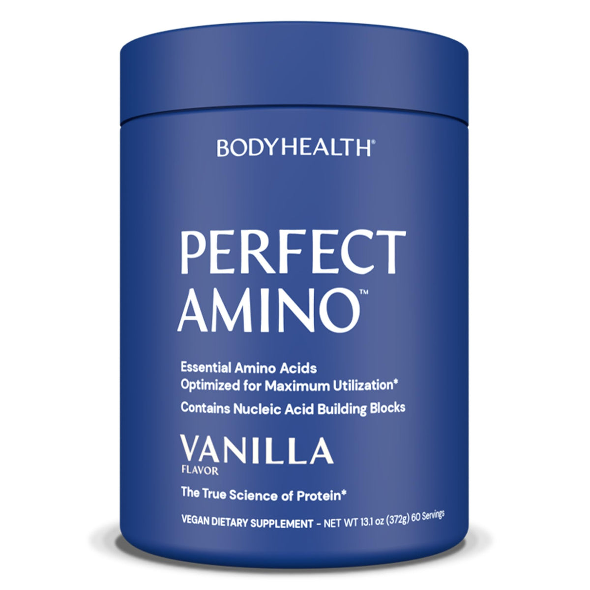 BodyHealth envase frontal de PerfectAmino vainilla mostrando diseño y 60 servicios