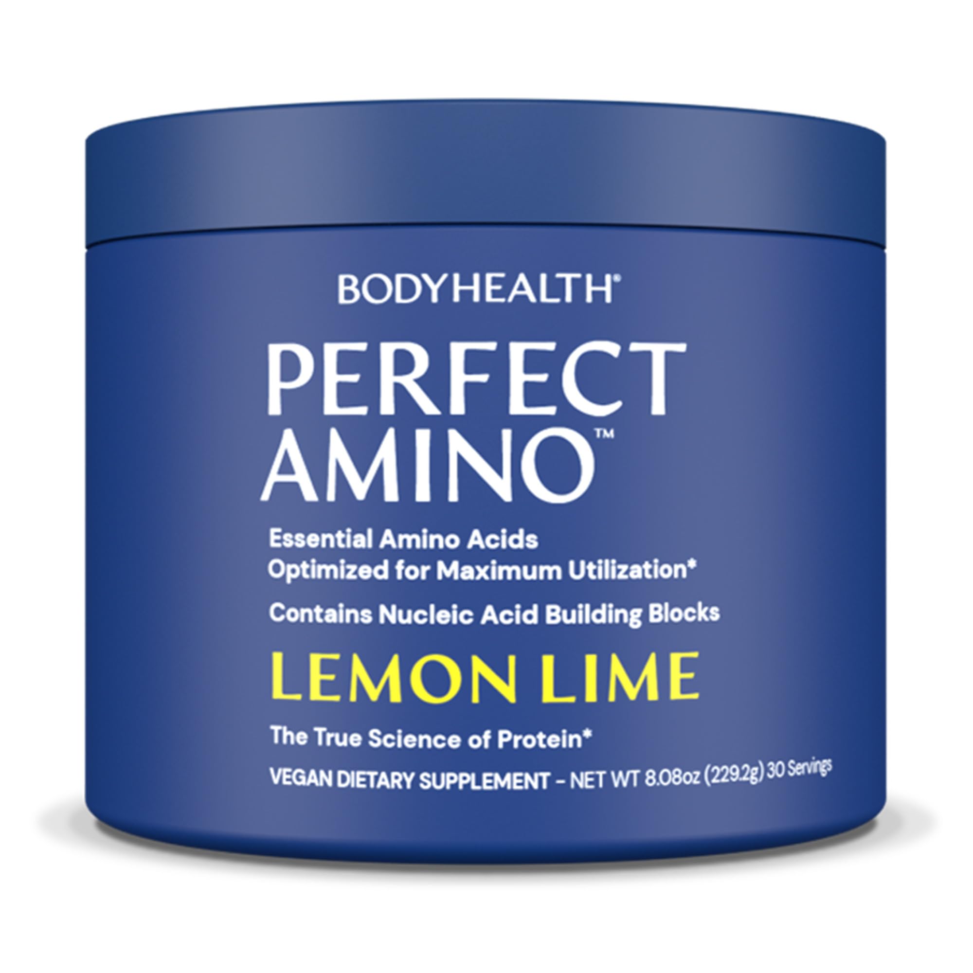 BodyHealth envase frontal de PerfectAmino mostrando sabor limón lima y beneficios