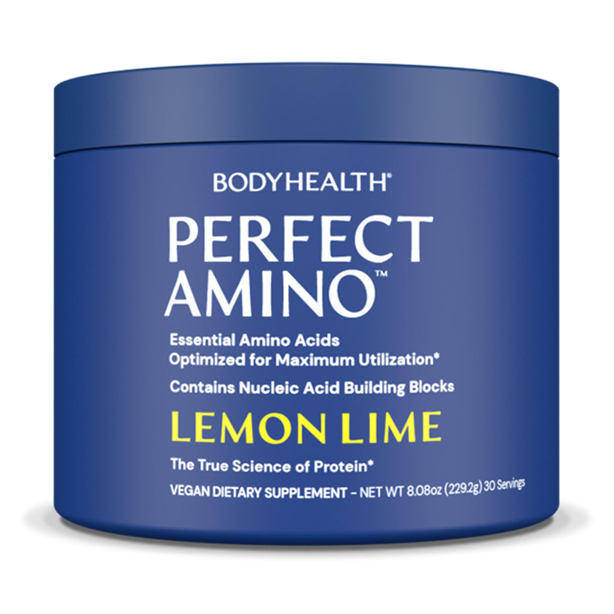 BodyHealth envase frontal de PerfectAmino mostrando sabor limón lima y beneficios