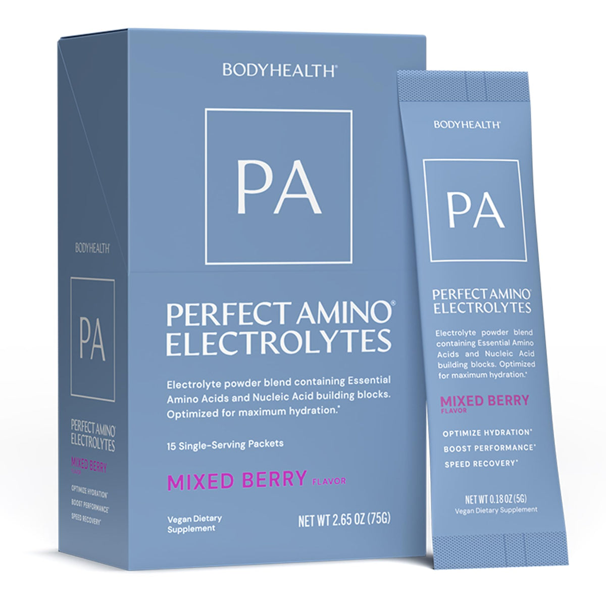 BodyHealth empaque frontal del PerfectAmino Mixed Berry mostrando sticks y beneficios