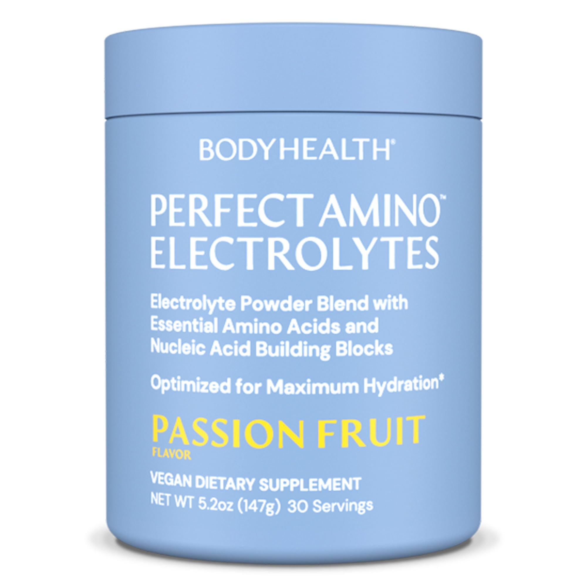 BodyHealth frente del empaque mostrando 30 porciones y sabor passion fruit para identificación rápida