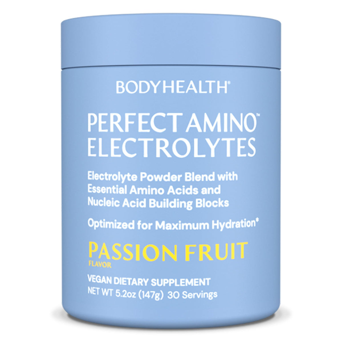 BodyHealth frente del empaque mostrando 30 porciones y sabor passion fruit para identificación rápida