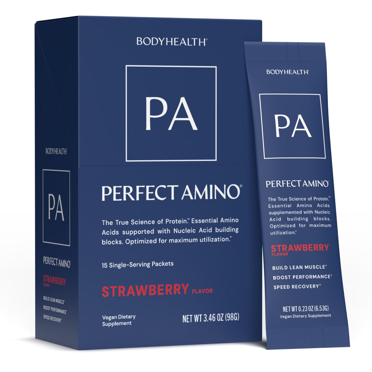 BodyHealth empaque frontal de PerfectAmino mostrando información clara y beneficios