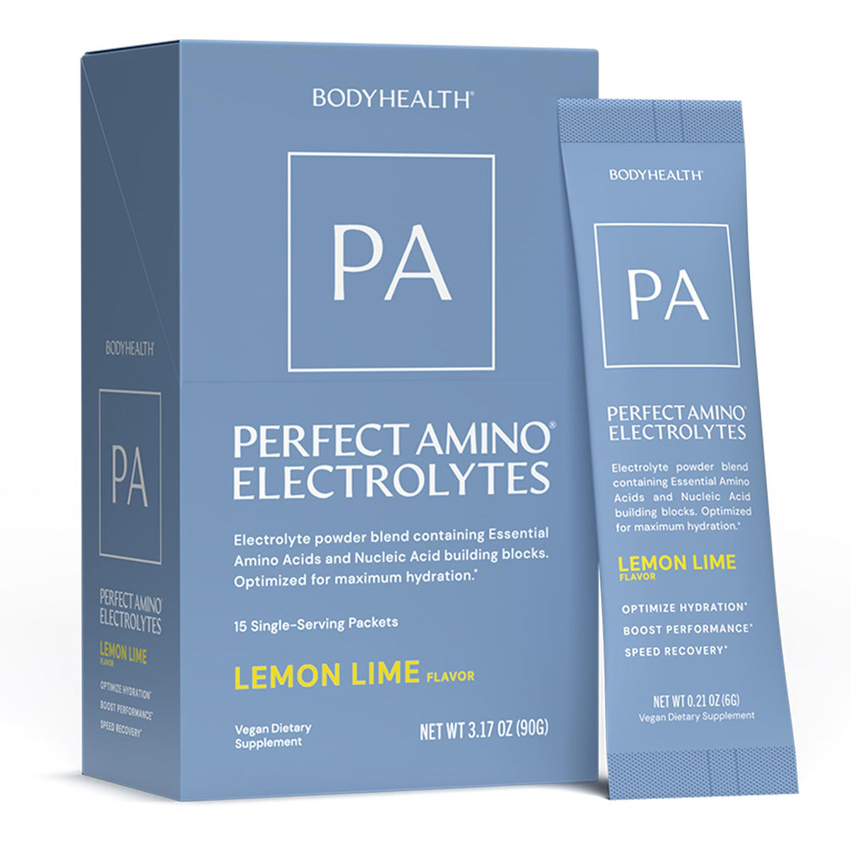 BodyHealth empaque frontal mostrando sobres y marca para hidratación sin azúcar