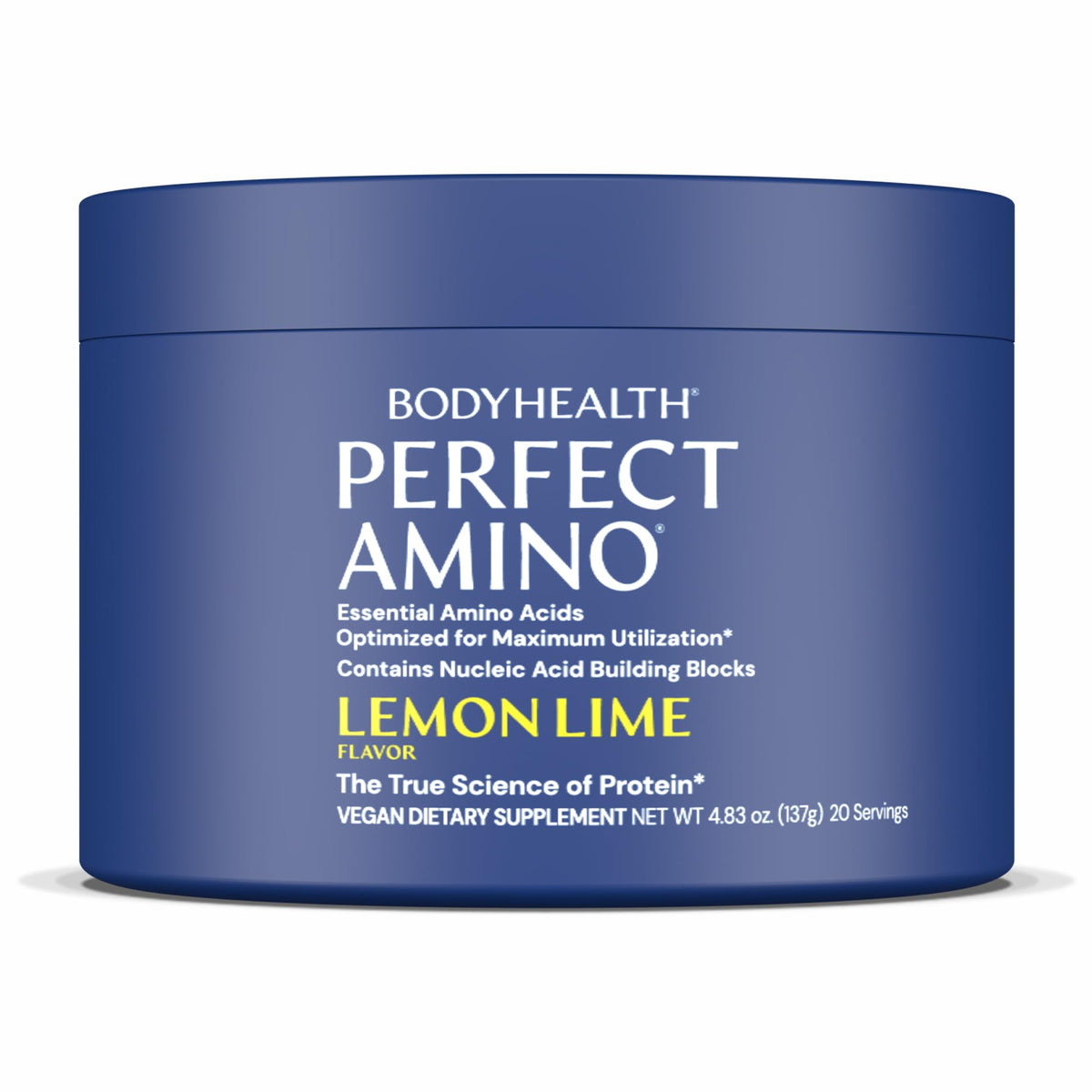 BodyHealth PerfectAmino frente del envase mostrando etiqueta y sabor limón-lima, claridad de uso
