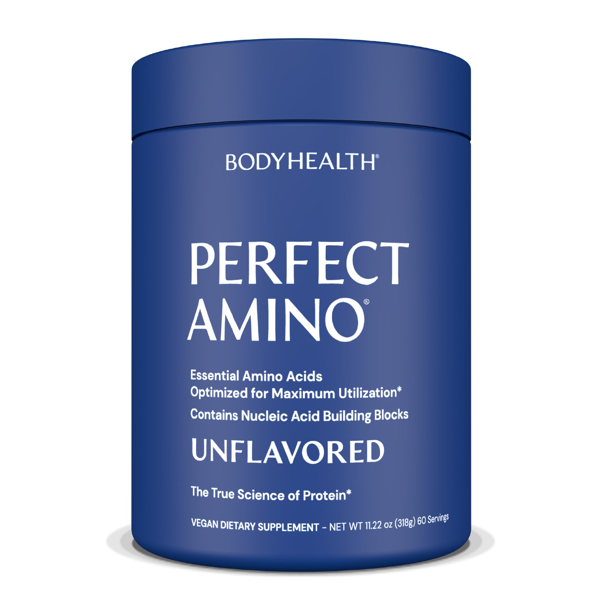 BodyHealth PerfectAmino envase frontal mostrando diseño y porciones, ideal para elegir suplemento