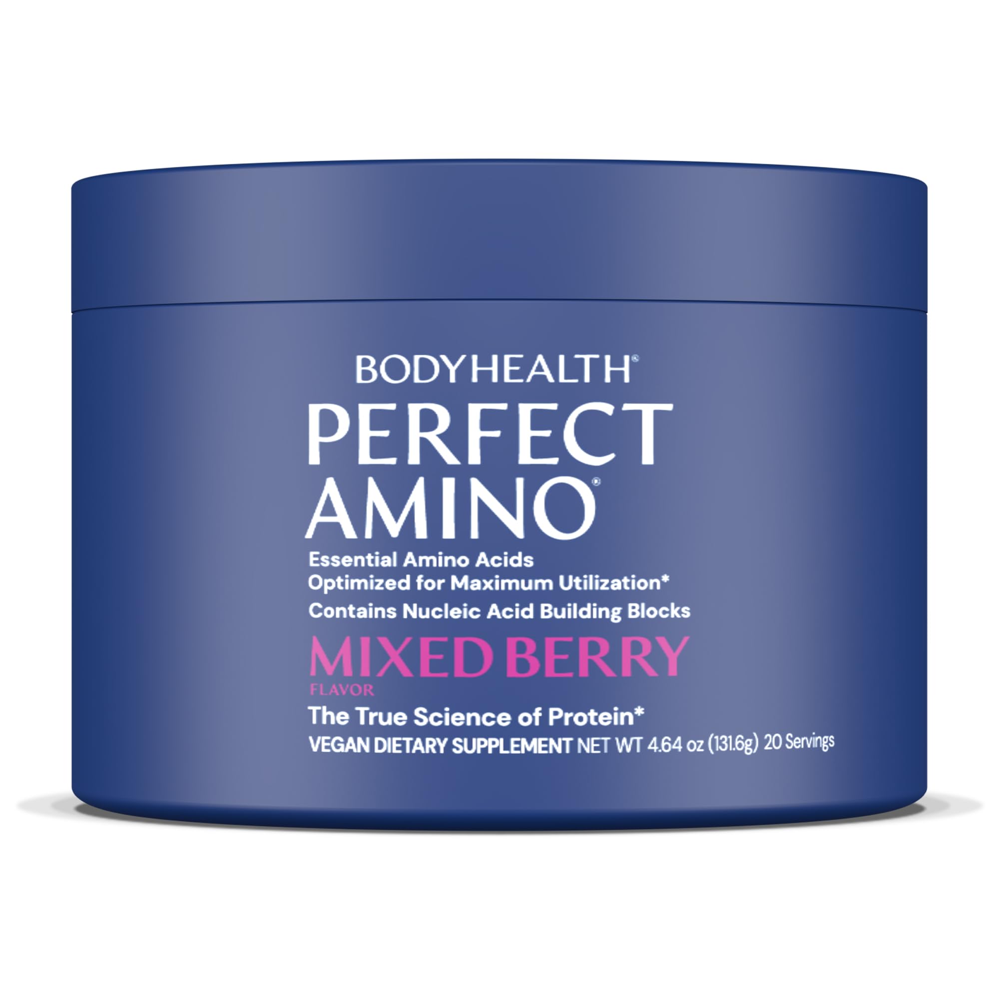 BodyHealth envase frontal PerfectAmino mostrando sabor Mixed Berry y beneficio recuperación