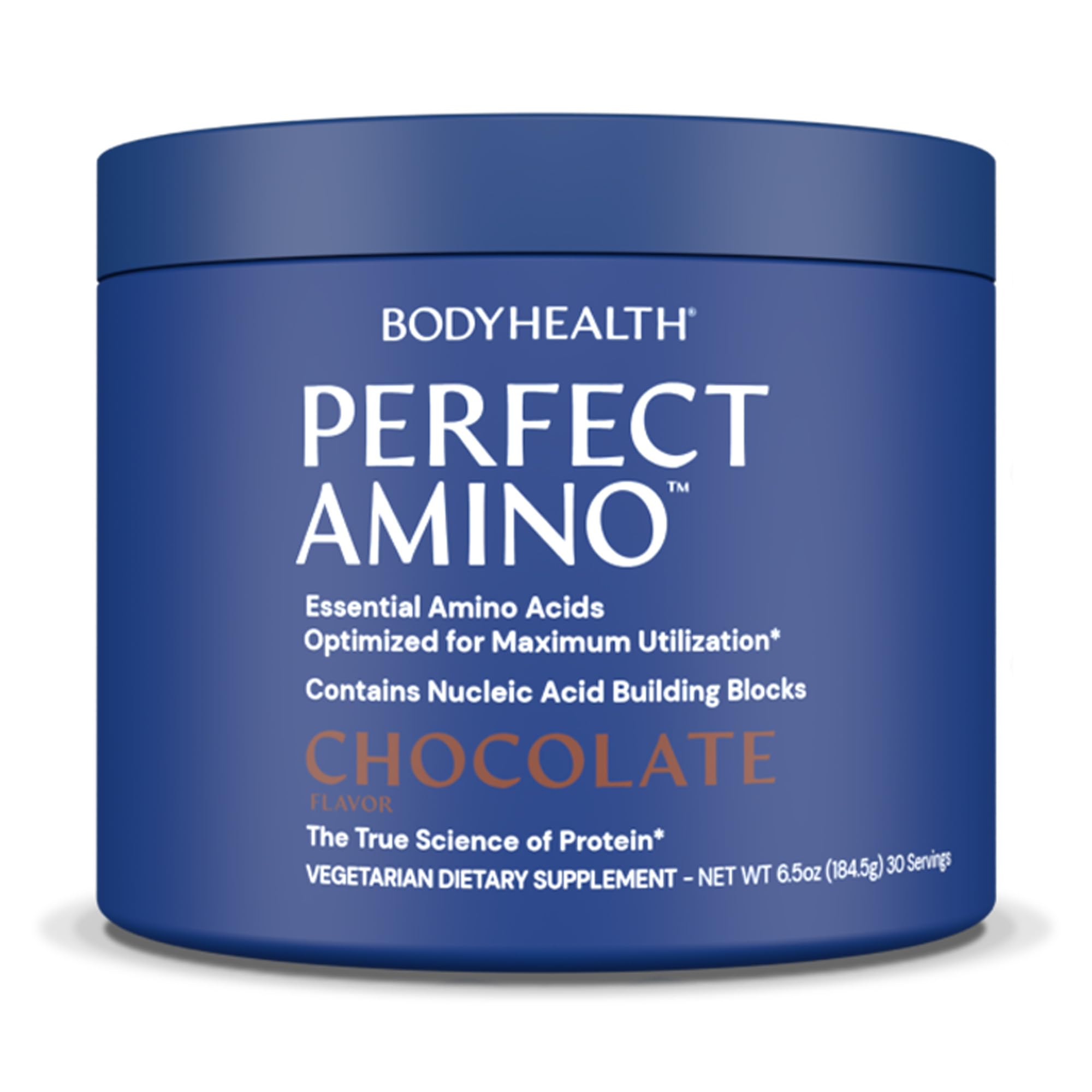 BodyHealth PerfectAmino frente del envase muestra sabor chocolate y porciones