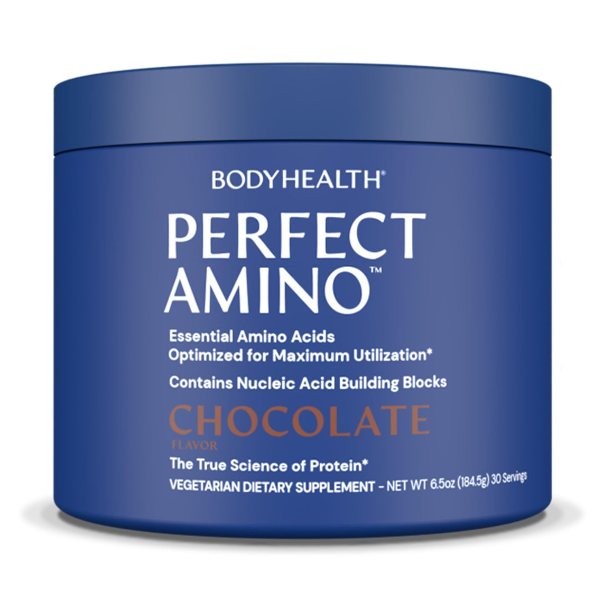 BodyHealth PerfectAmino frente del envase muestra sabor chocolate y porciones