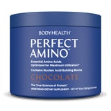 BodyHealth PerfectAmino frente del envase muestra sabor chocolate y porciones