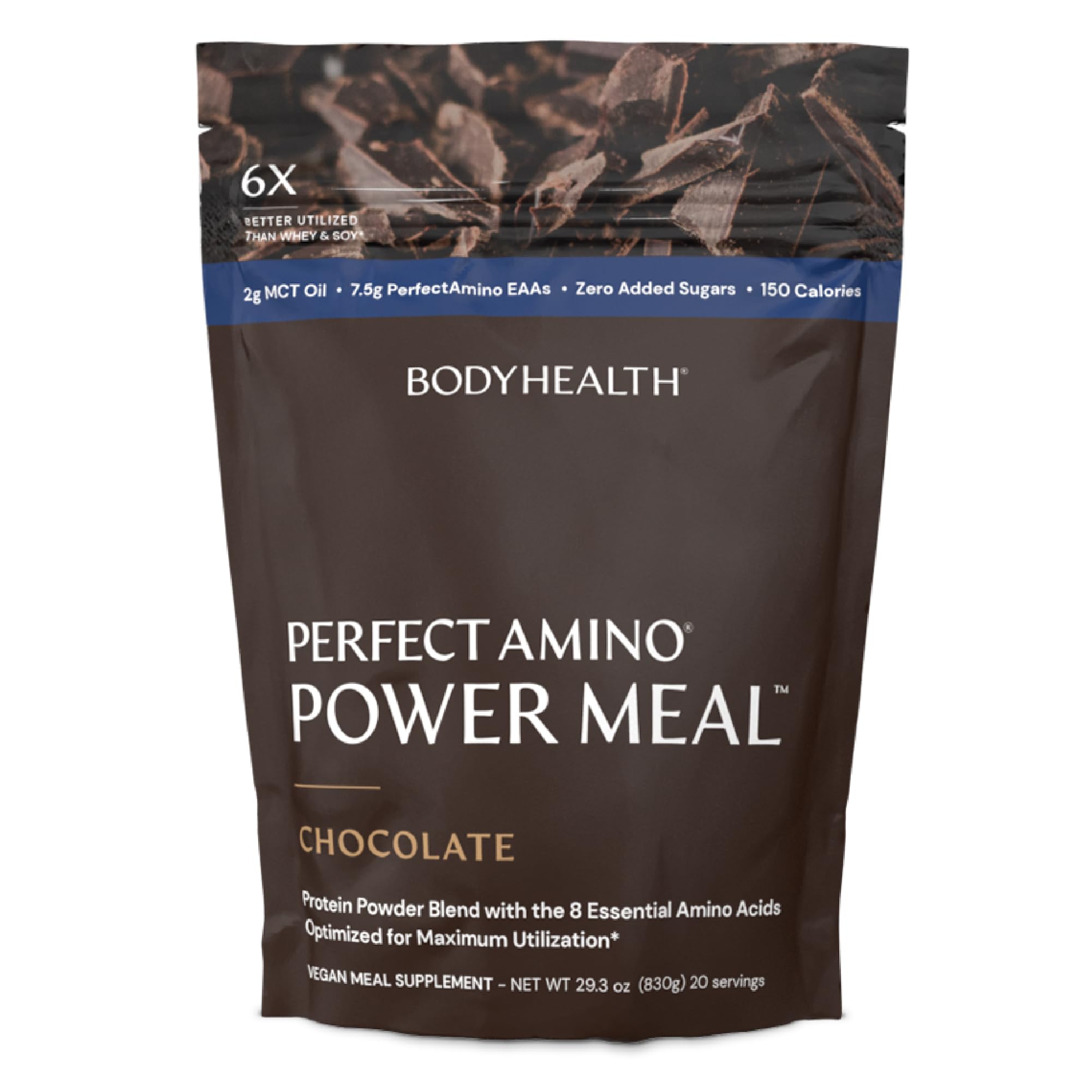 BodyHealth bote frontal del PerfectAmino sabor Dark Chocolate mostrando presentación y beneficio práctico