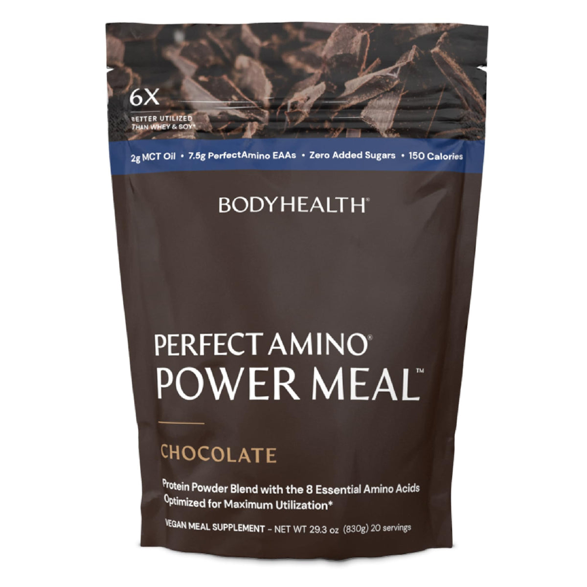 BodyHealth bote frontal del PerfectAmino sabor Dark Chocolate mostrando presentación y beneficio práctico