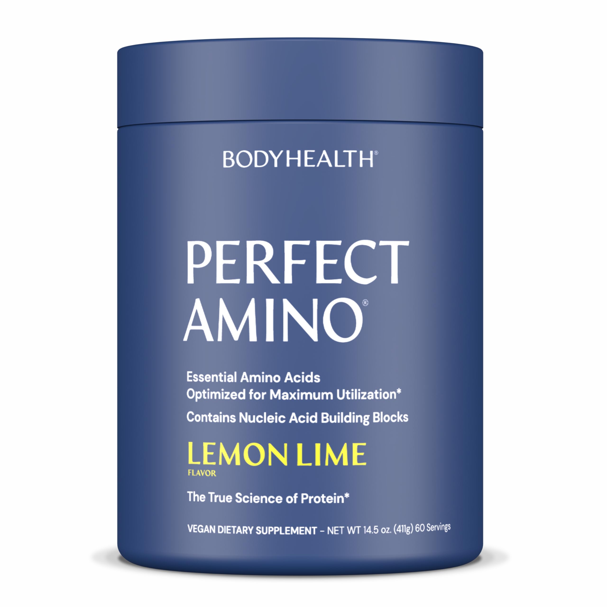 BodyHealth envase frontal de PerfectAmino limón-lima mostrando la marca y beneficios
