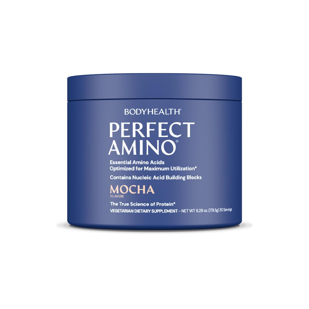 BodyHealth envase frontal de PerfectAmino mocha con etiqueta clara y raciones visibles
