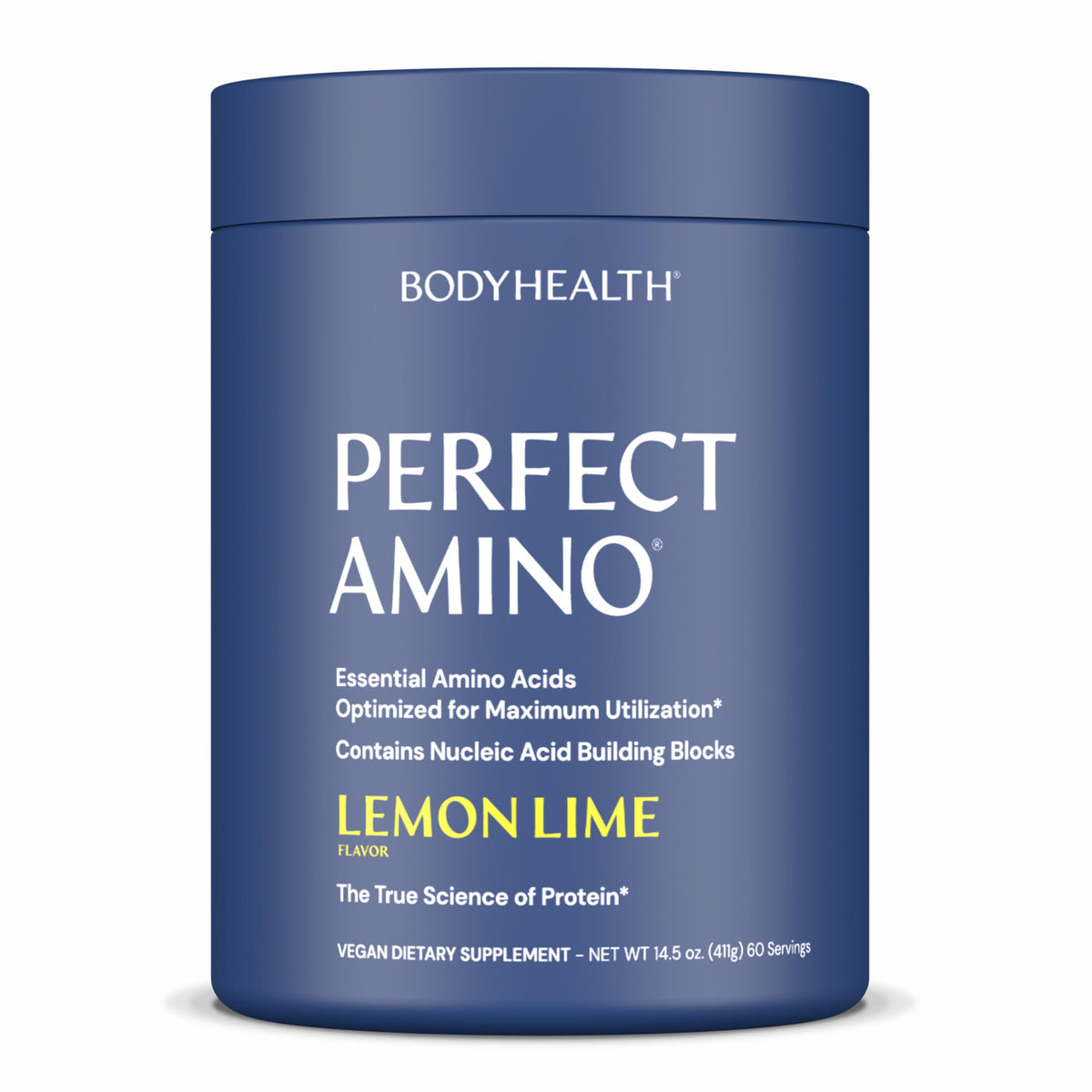 BodyHealth envase frontal de PerfectAmino limón-lima mostrando la marca y beneficios