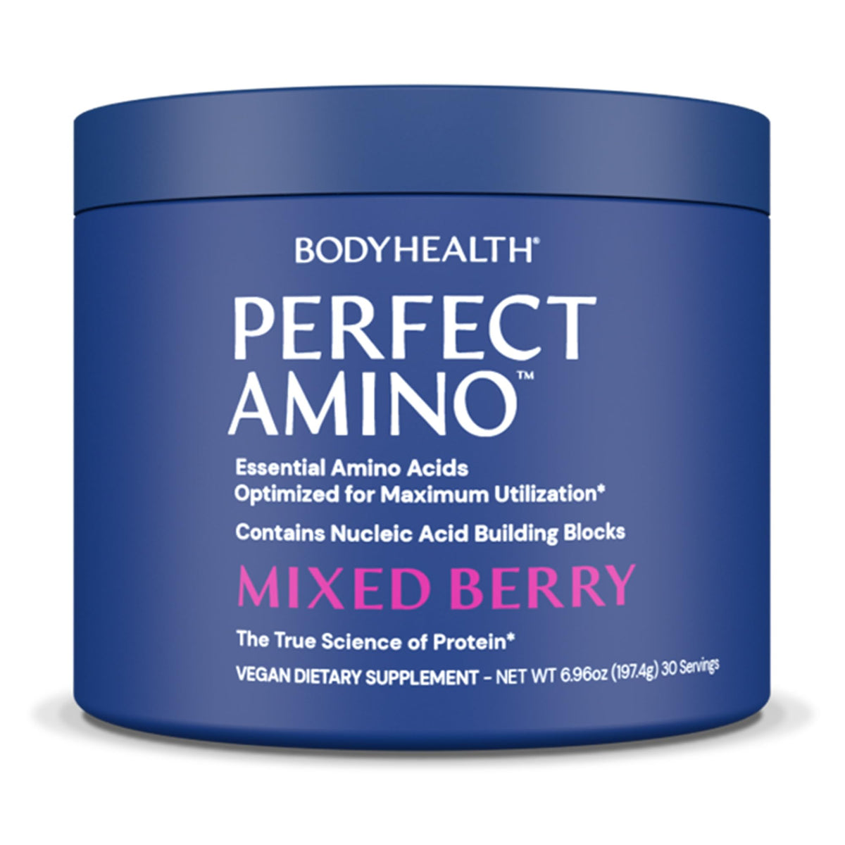 BodyHealth frasco frontal con diseño y sabor mixed berry visible, beneficios claros