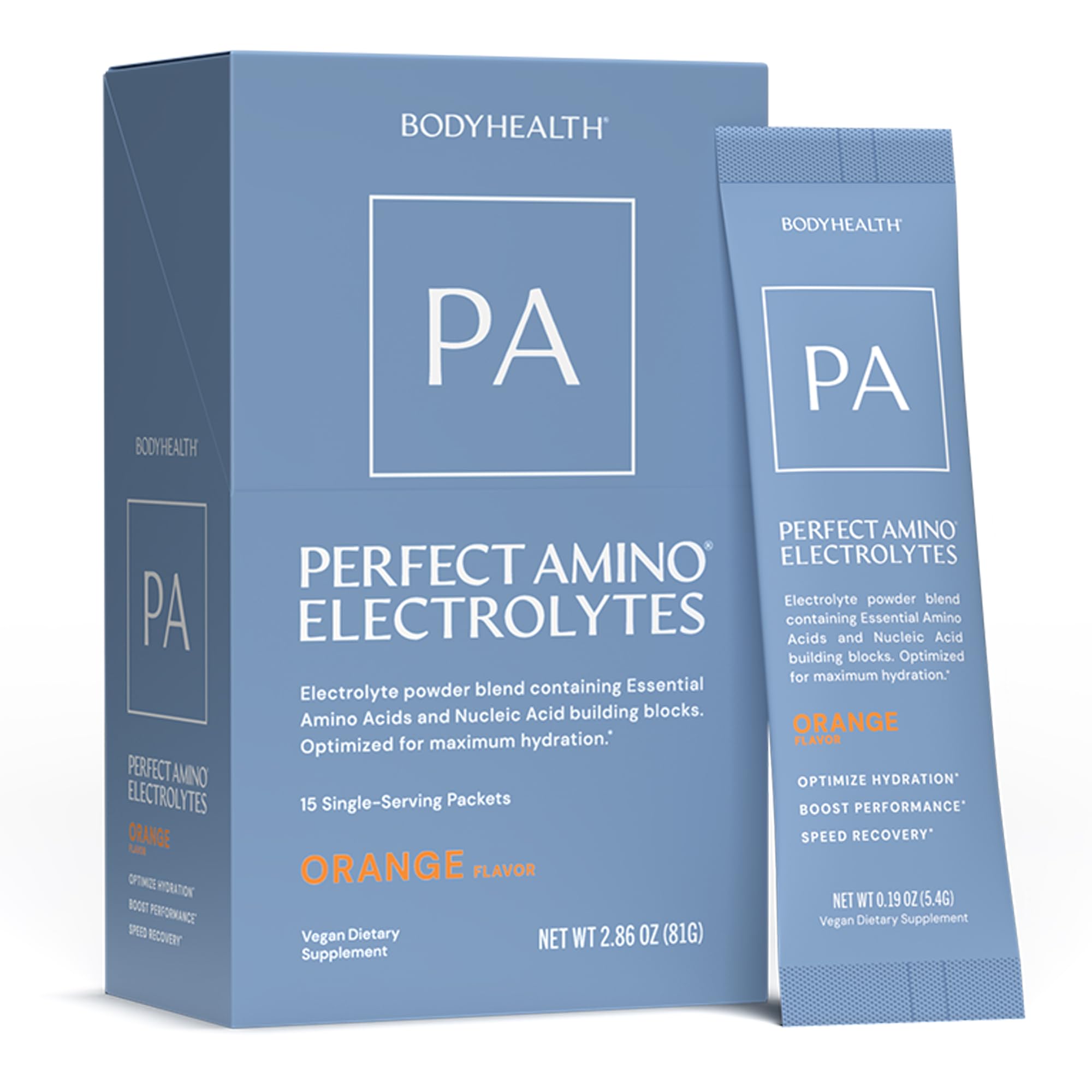 BodyHealth paquete frontal del producto mostrando sticks y marca para hidratación rápida