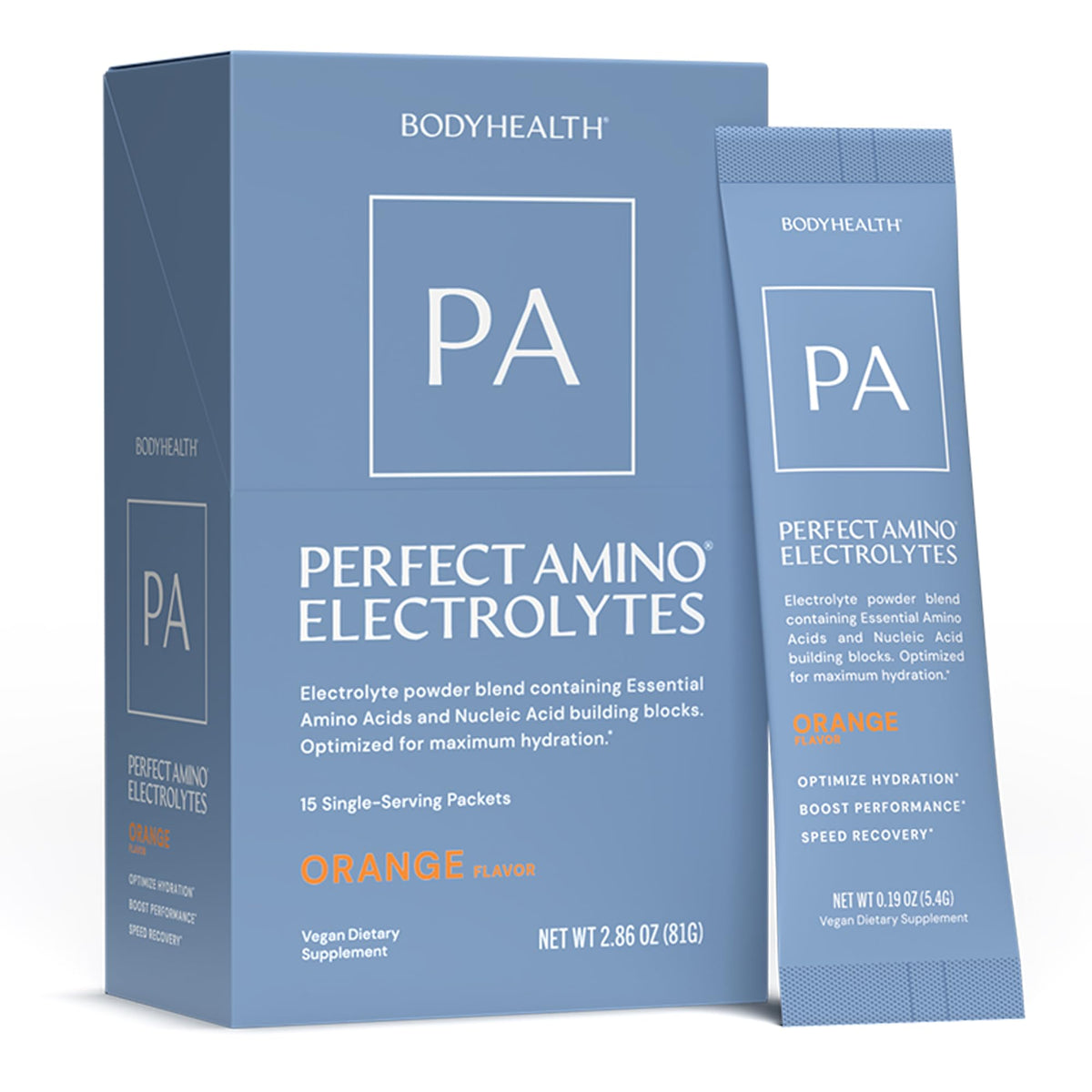 BodyHealth paquete frontal del producto mostrando sticks y marca para hidratación rápida