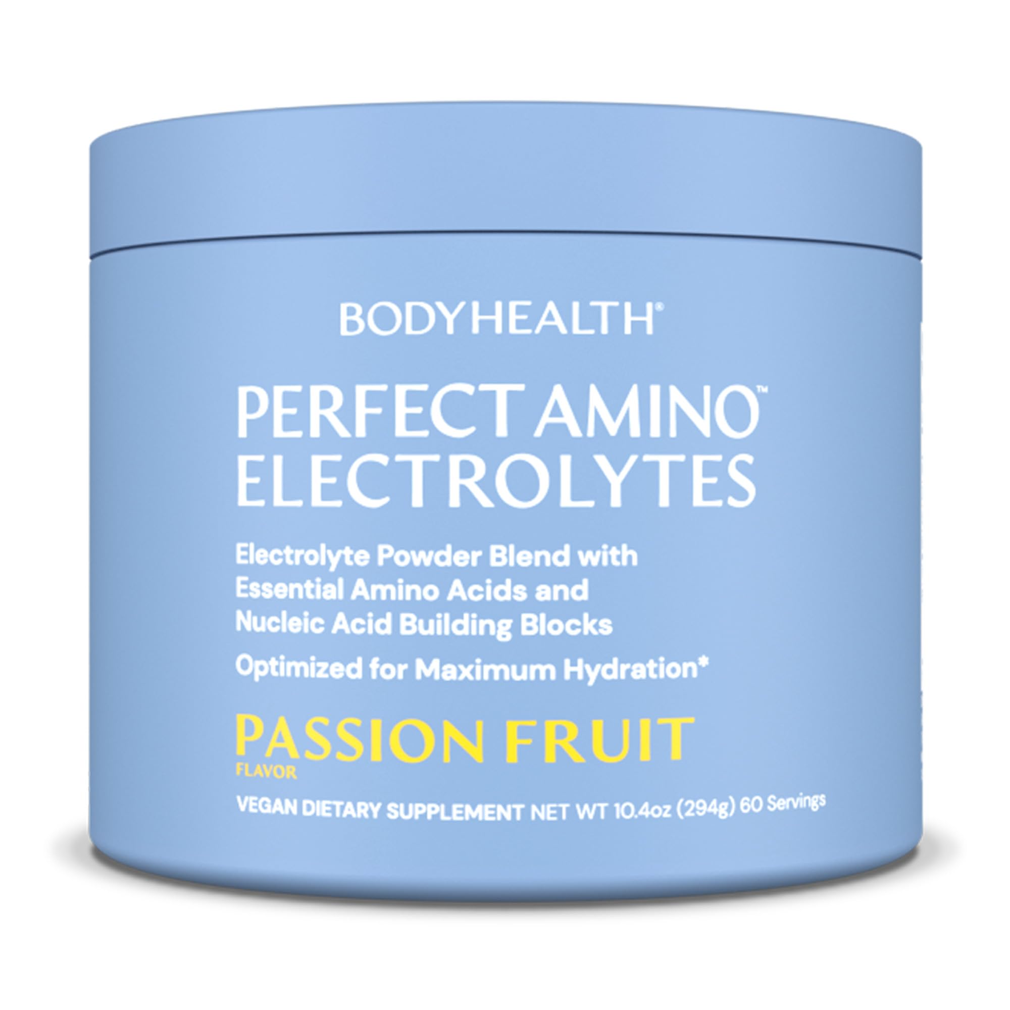 BodyHealth envase frontal mostrando 60 servicios y sabor maracuyá, hidratación sin azúcar