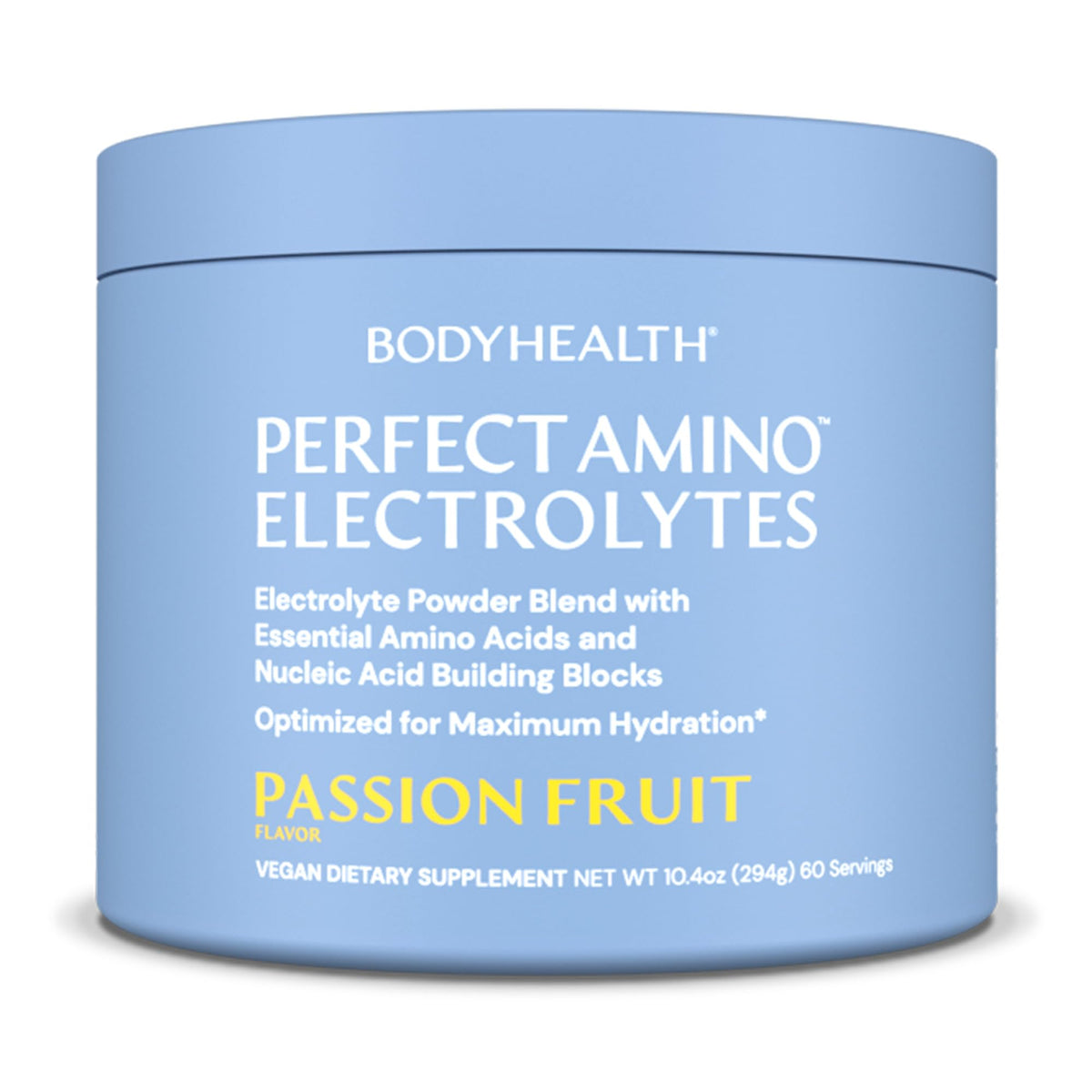 BodyHealth envase frontal mostrando 60 servicios y sabor maracuyá, hidratación sin azúcar