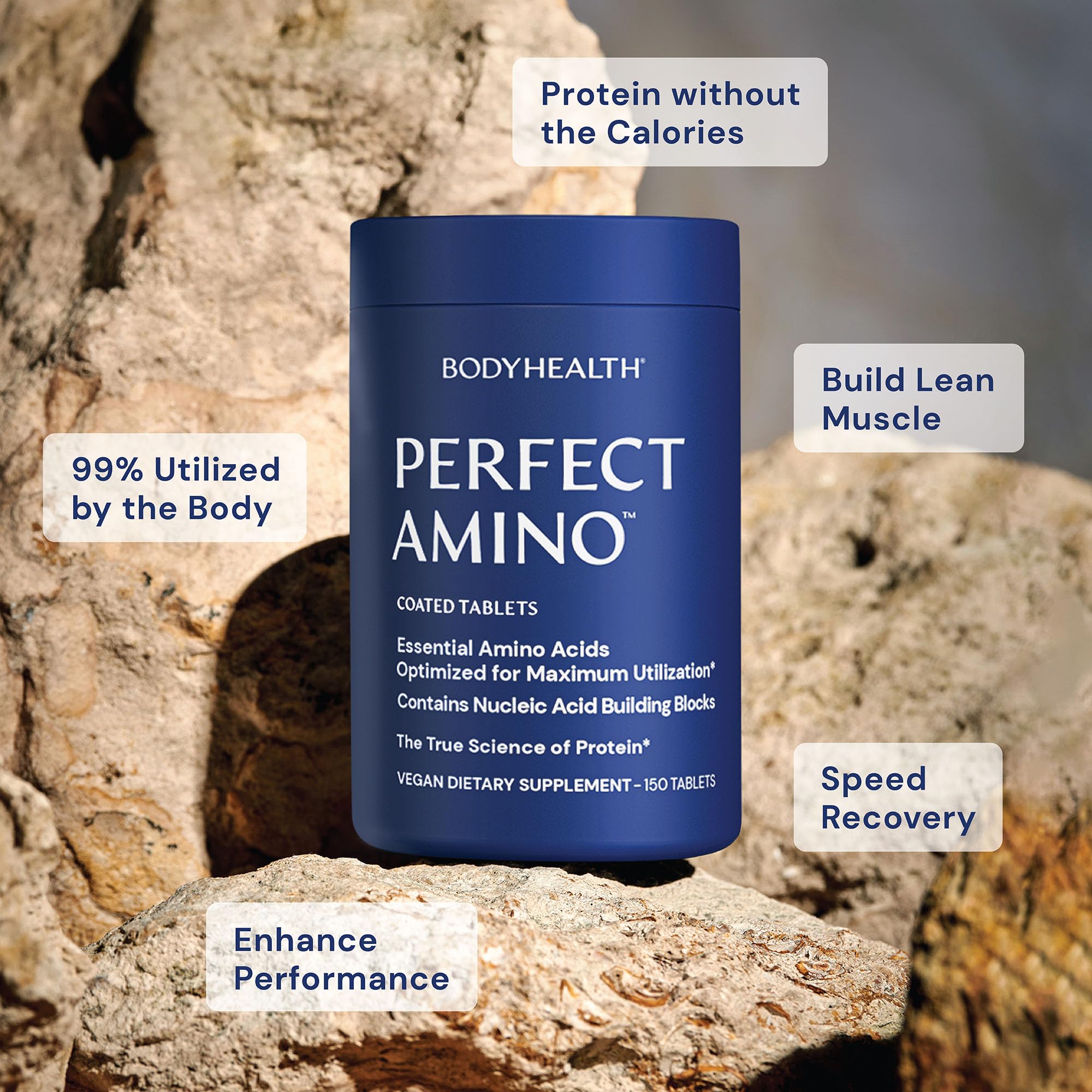 BodyHealth PerfectAmino tabletas en mano, uso práctico pre y post entrenamiento