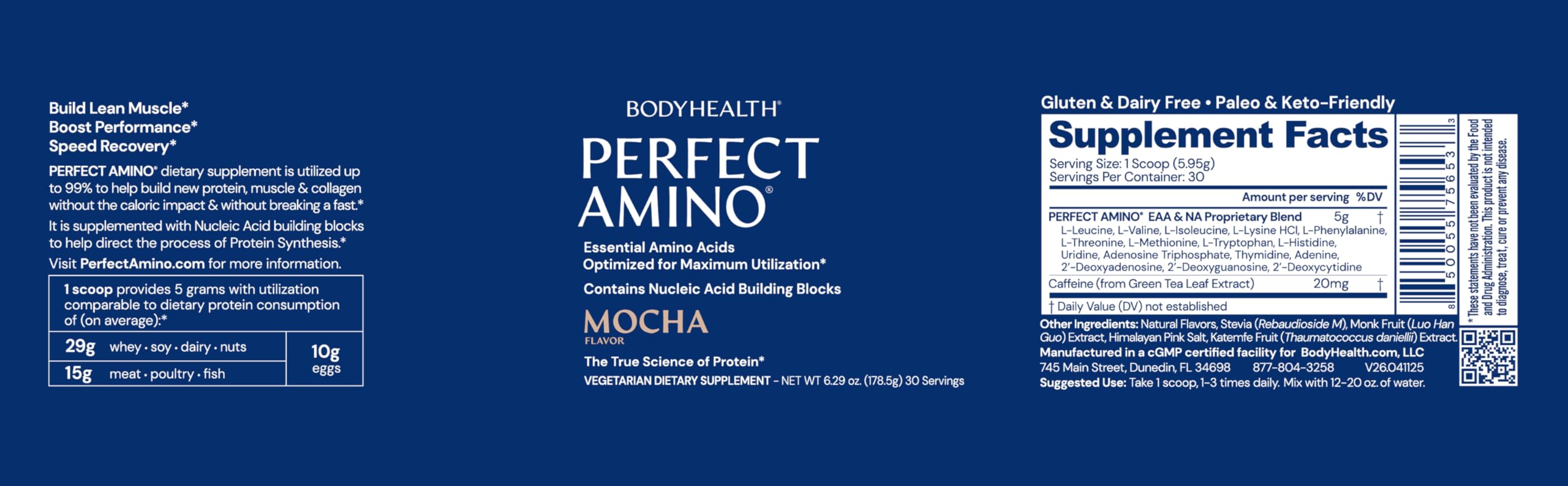 BodyHealth vaso con PerfectAmino mocha preparado listo para beber y recuperar energía