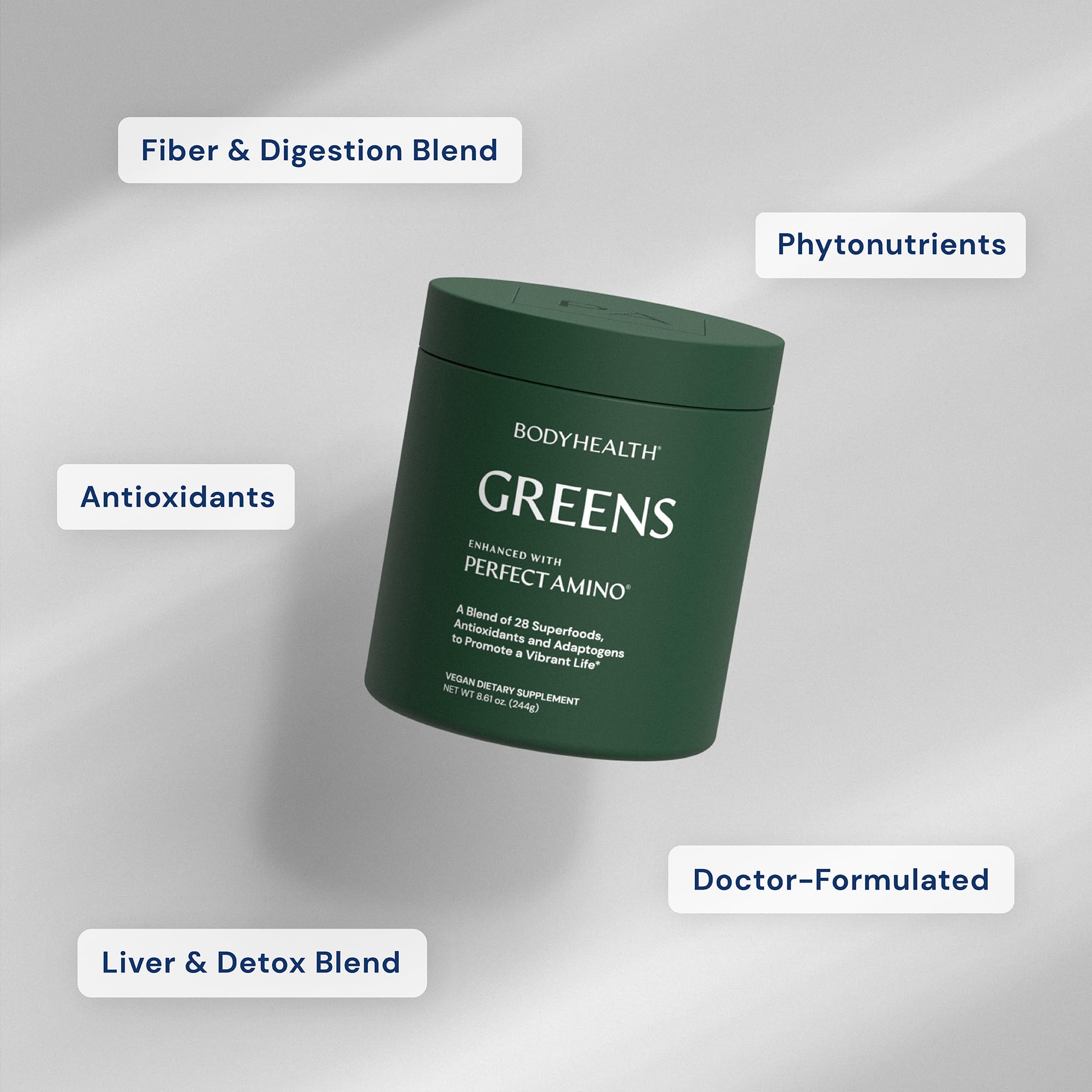 BodyHealth vaso preparado con batido verde listo para consumo inmediato