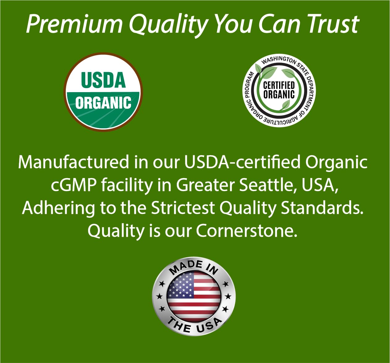 Etiqueta Bodymune con sellos USDA Organic y cGMP para confianza