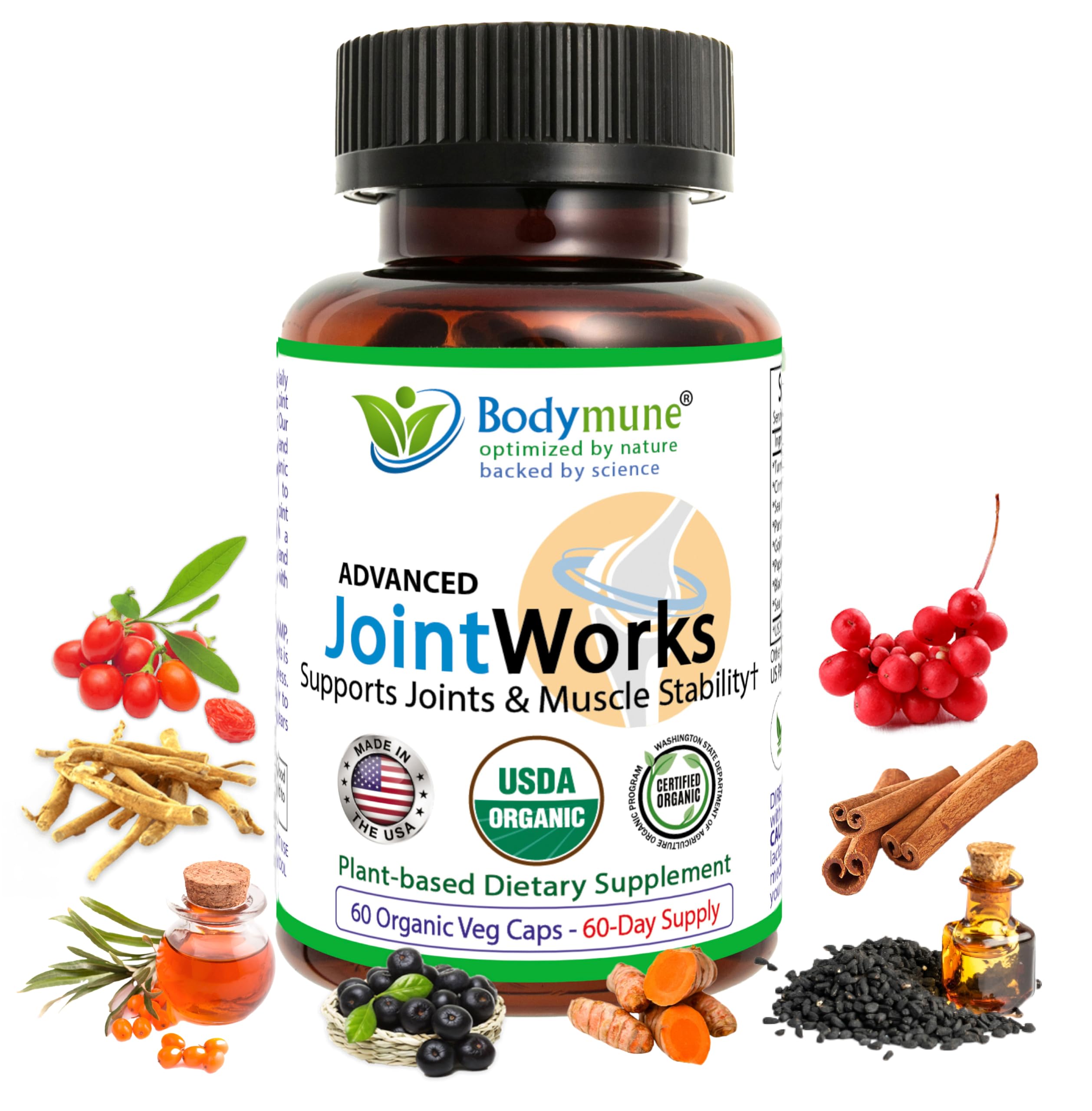 Bodymune JointWorks frasco frontal mostrando etiqueta orgánica y confianza