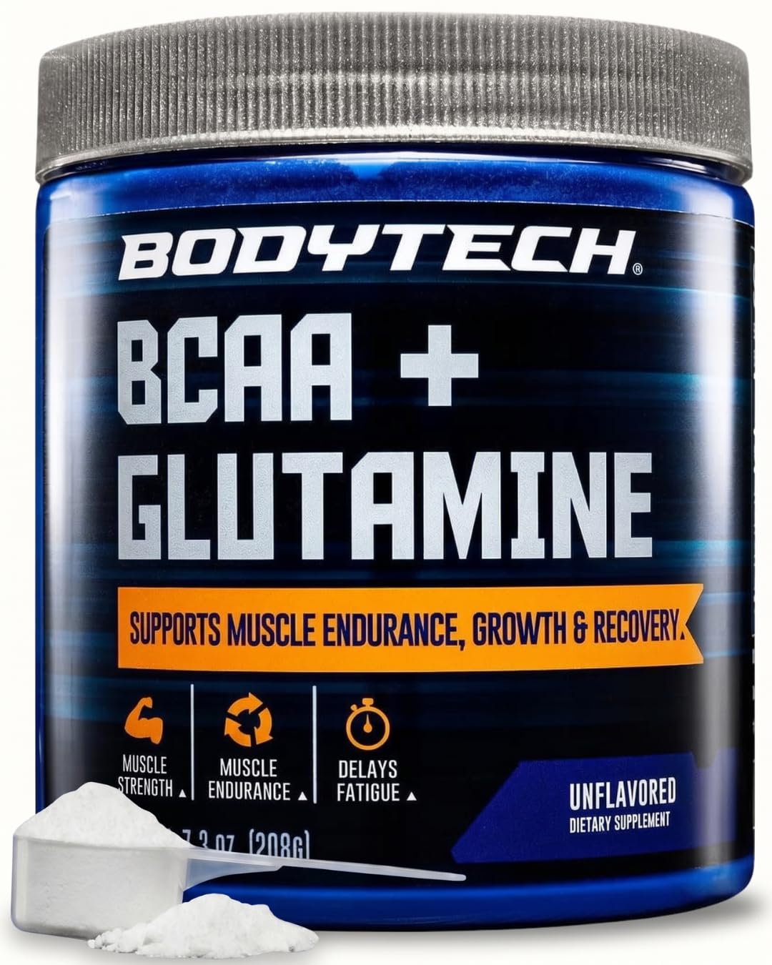BodyTech envase frontal que muestra BCAA + Glutamine y beneficio de fácil uso