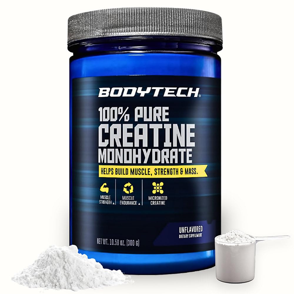 BodyTech envase frontal de creatina micronizada sin sabor mostrando etiqueta clara y beneficios