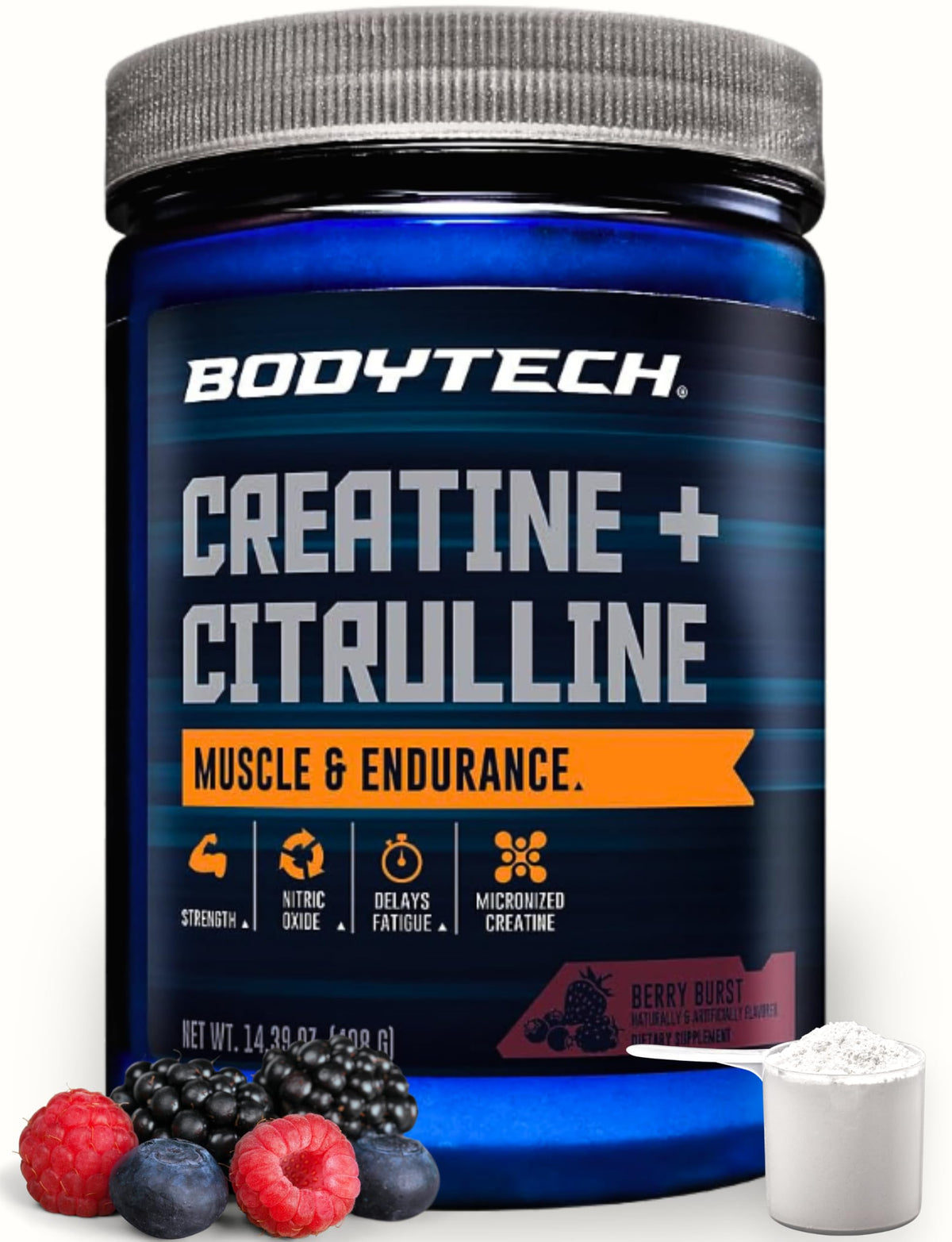 BodyTech envase frontal de Creatine + Citrulline Berry Burst mostrando el diseño y tamaño