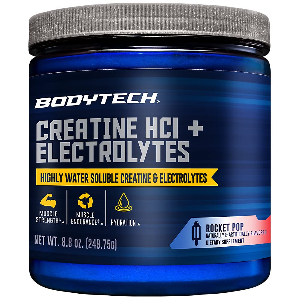 BodyTech envase frontal mostrando creatina y electrolitos, atractivo visual