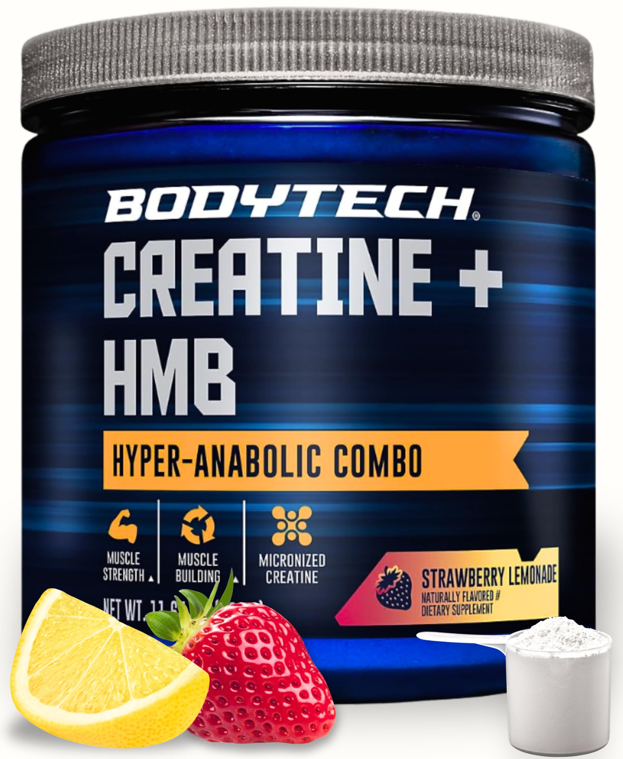 Envase BodyTech Creatine + HMB frente mostrando diseño y sabor fresa-limonada